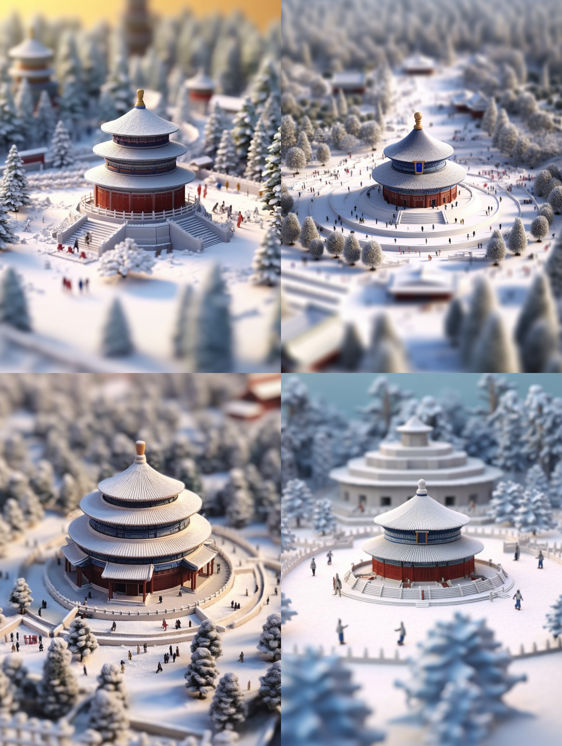三维古风,北京天坛,超可爱的粘土世界,微型,等距,景观,模糊背景,人,树,冬天,雪景,出色的照明,3d渲染,辛烷值渲染