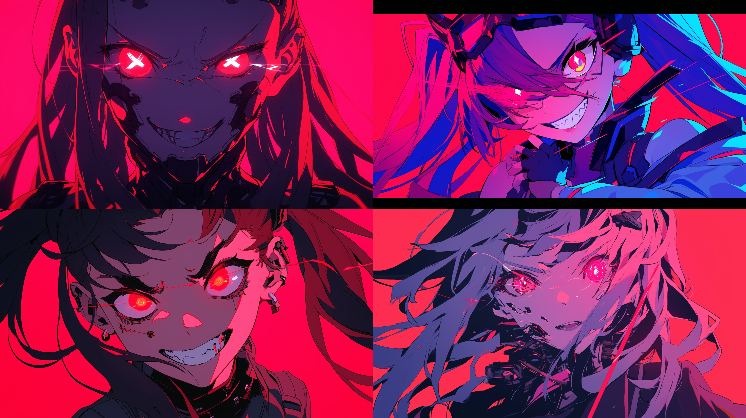 女赛博疯子，表情疯狂，瞳孔闪烁红色光芒