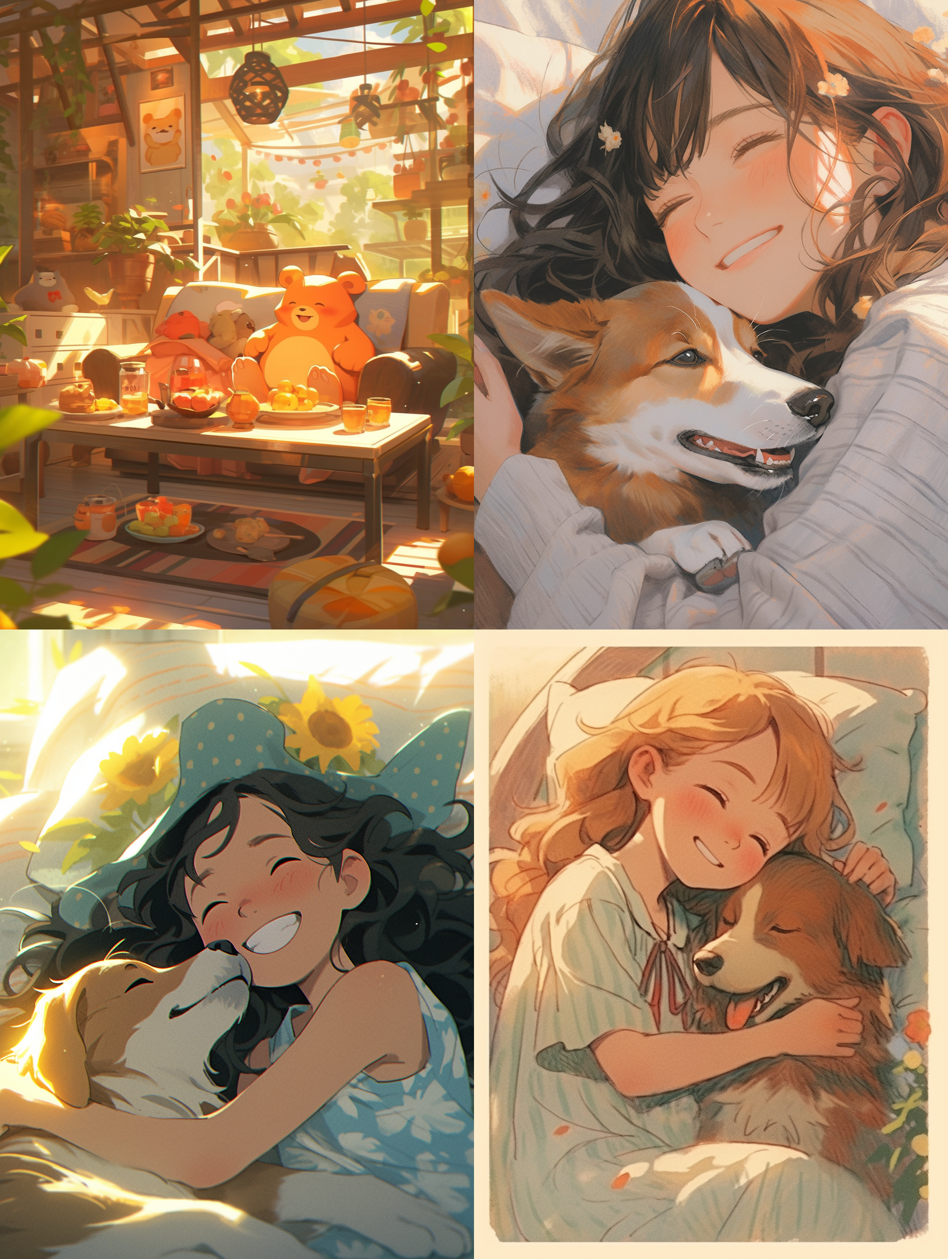 春天，慵懒，一只杏色卷毛泰迪狗，一朵向日葵，趴着睡觉，自然微笑表情，室外光线，温馨氛围，简笔画，构图简洁，不要多种颜色，高质量画面，宫崎骏