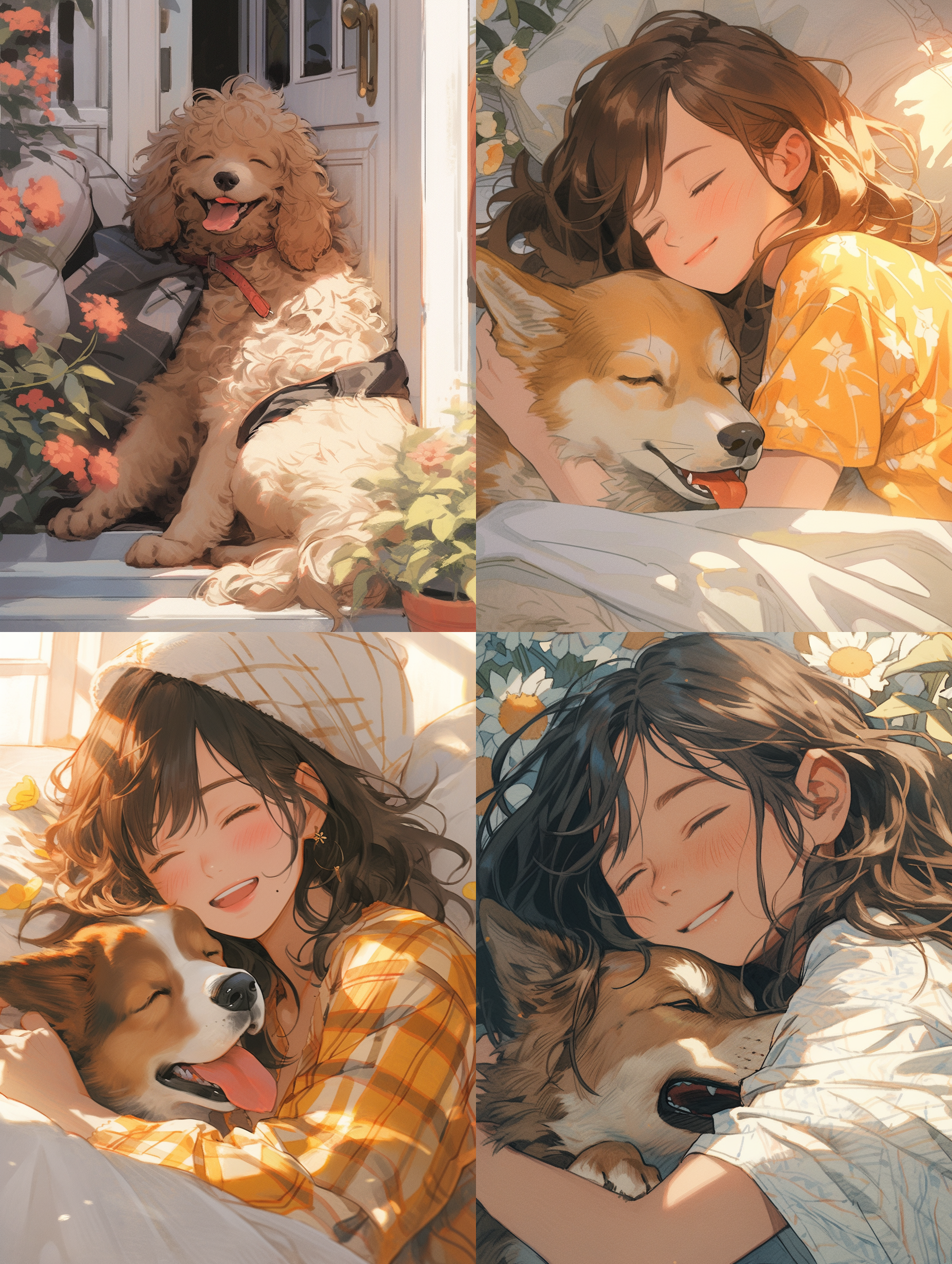 春天，慵懒，一只杏色卷毛泰迪狗，一朵向日葵，趴着睡觉，自然微笑表情，室外光线，温馨氛围，简笔画，构图简洁，不要多种颜色，高质量画面，宫崎骏