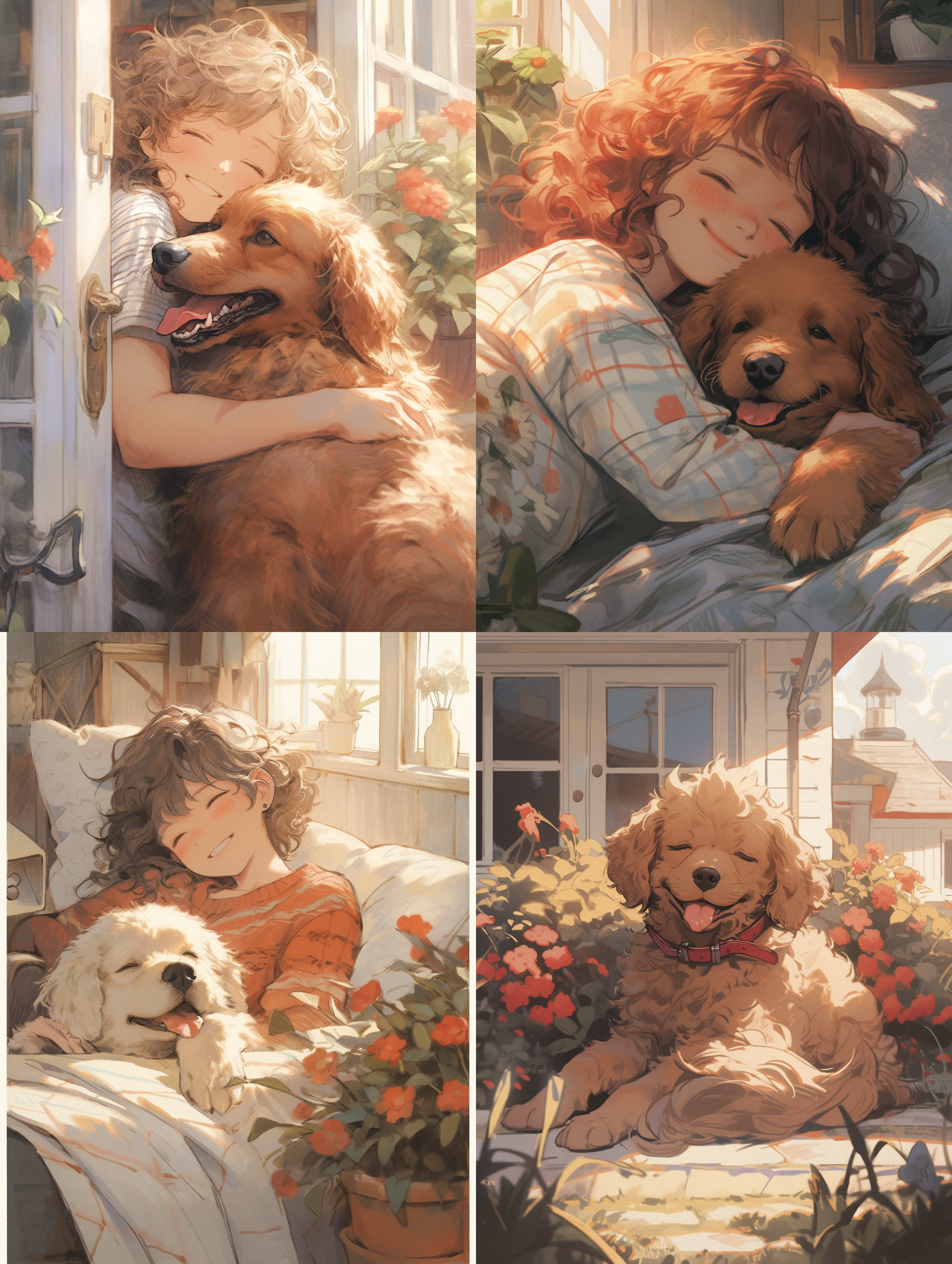 春天，慵懒，一只杏色卷毛泰迪狗，一朵向日葵，趴着睡觉，自然微笑表情，室外光线，温馨氛围，简笔画，构图简洁，不要多种颜色，高质量画面，宫崎骏