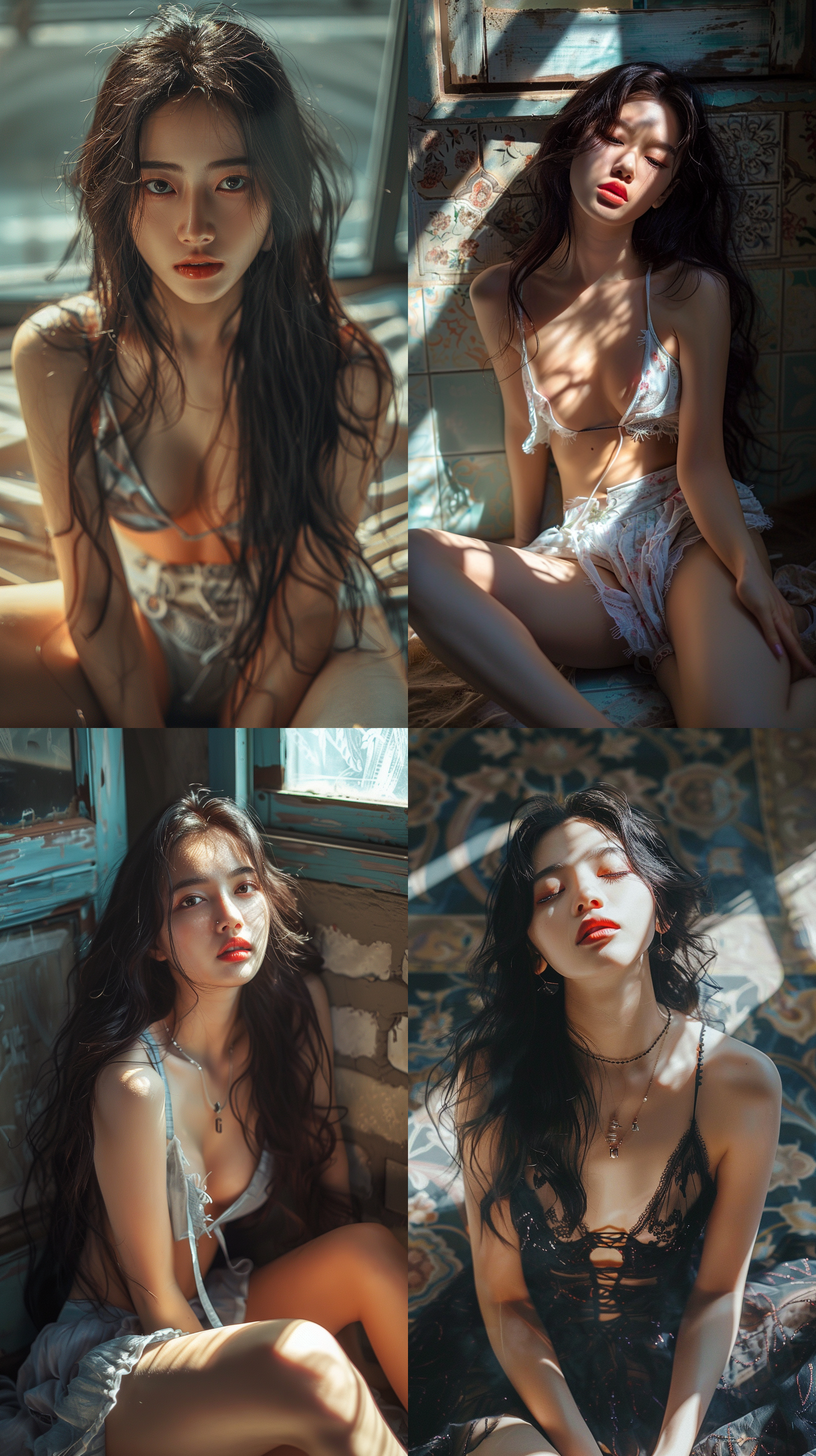 a yearly beautiful chinese photography portrait of a flirty woman with long black violett hair visible legs sitting comfortable in a extreme saturated pose with sun light ambiente with a view from above