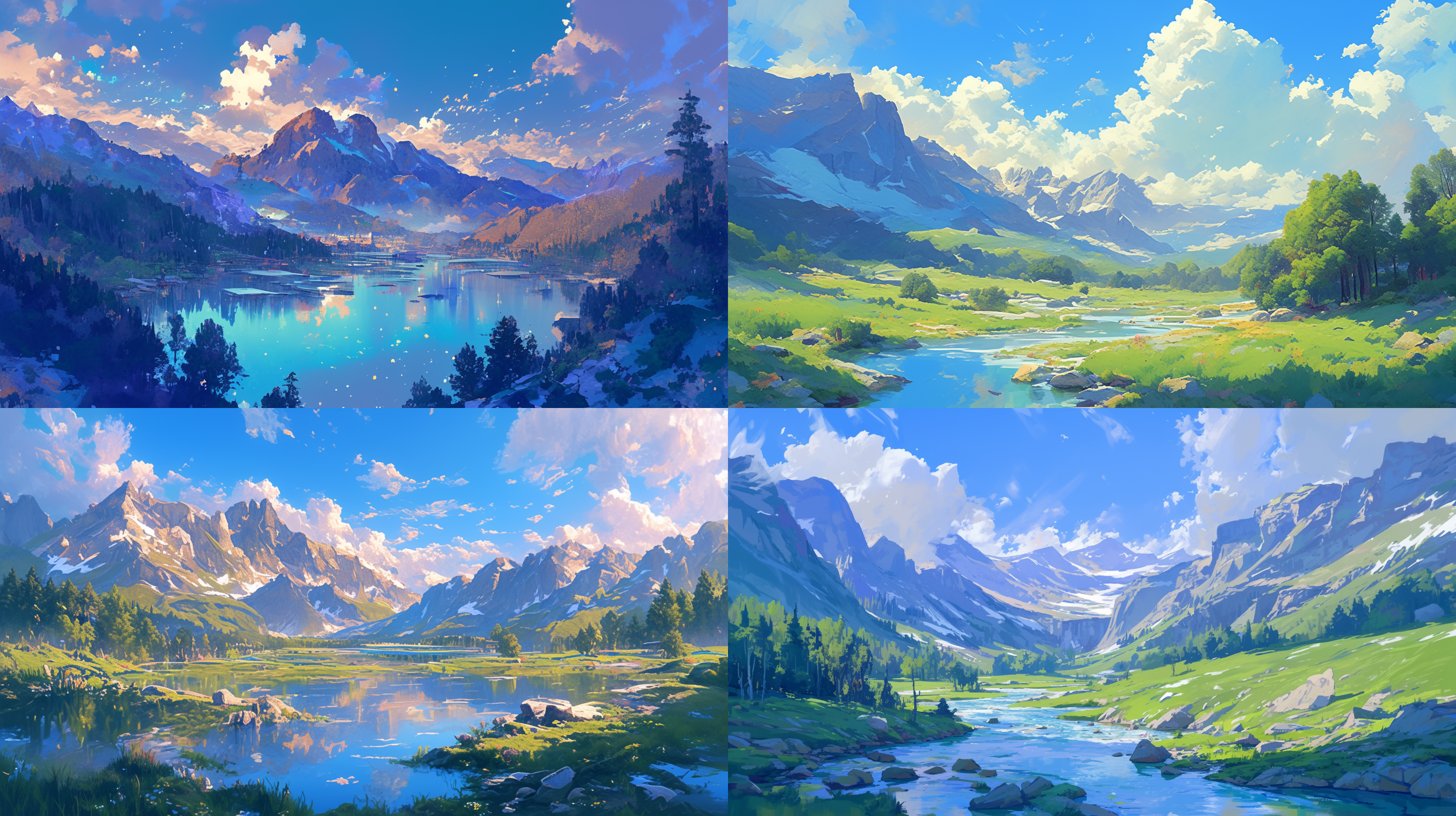 山川河流风景，油画风格，柔和光线，色彩丰富，细致逼真，自然美景，唯美氛围。