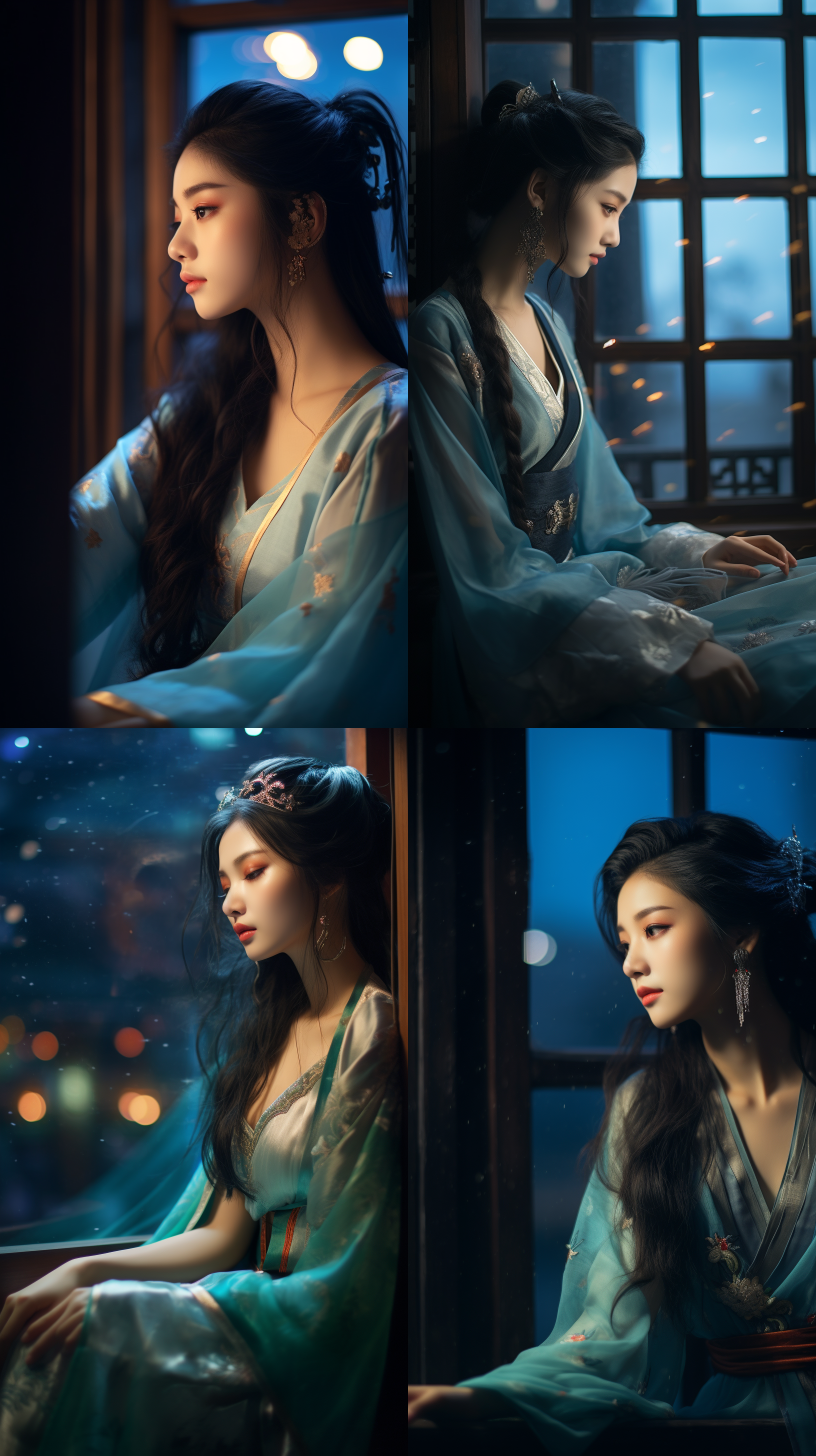 杰作，高清细节，专业摄影作品，一个坐在窗边望向镜头的美女，面向镜头，侧视角，特写镜头，微笑，黑色长发，青色汉服，唐装，背景虚化，夜景光，顶光，侧光