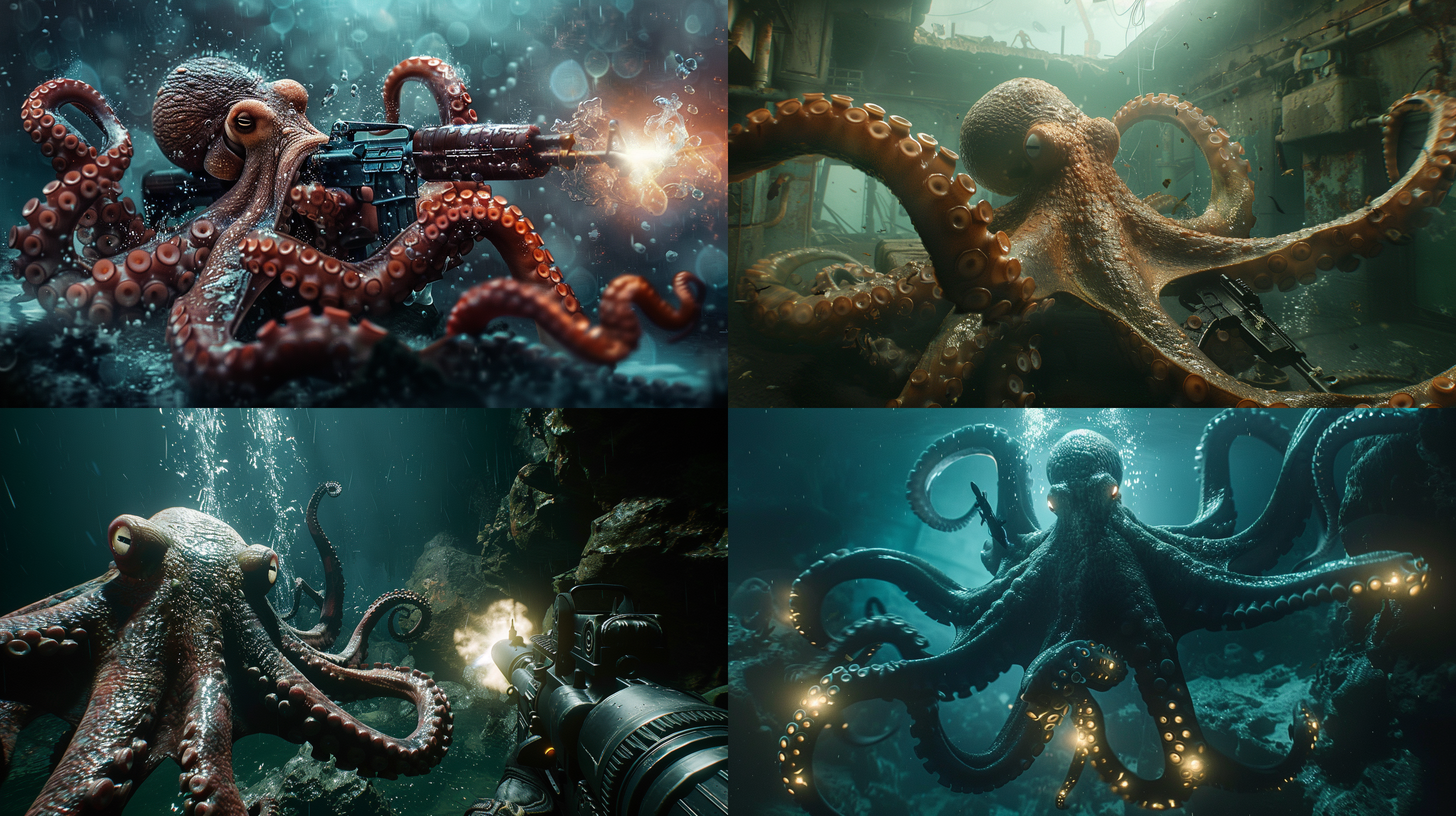 大海里一只巨大的章鱼，章鱼身上发着光手里拿着一只ak47，拟人化，广角镜头，奇妙的光线