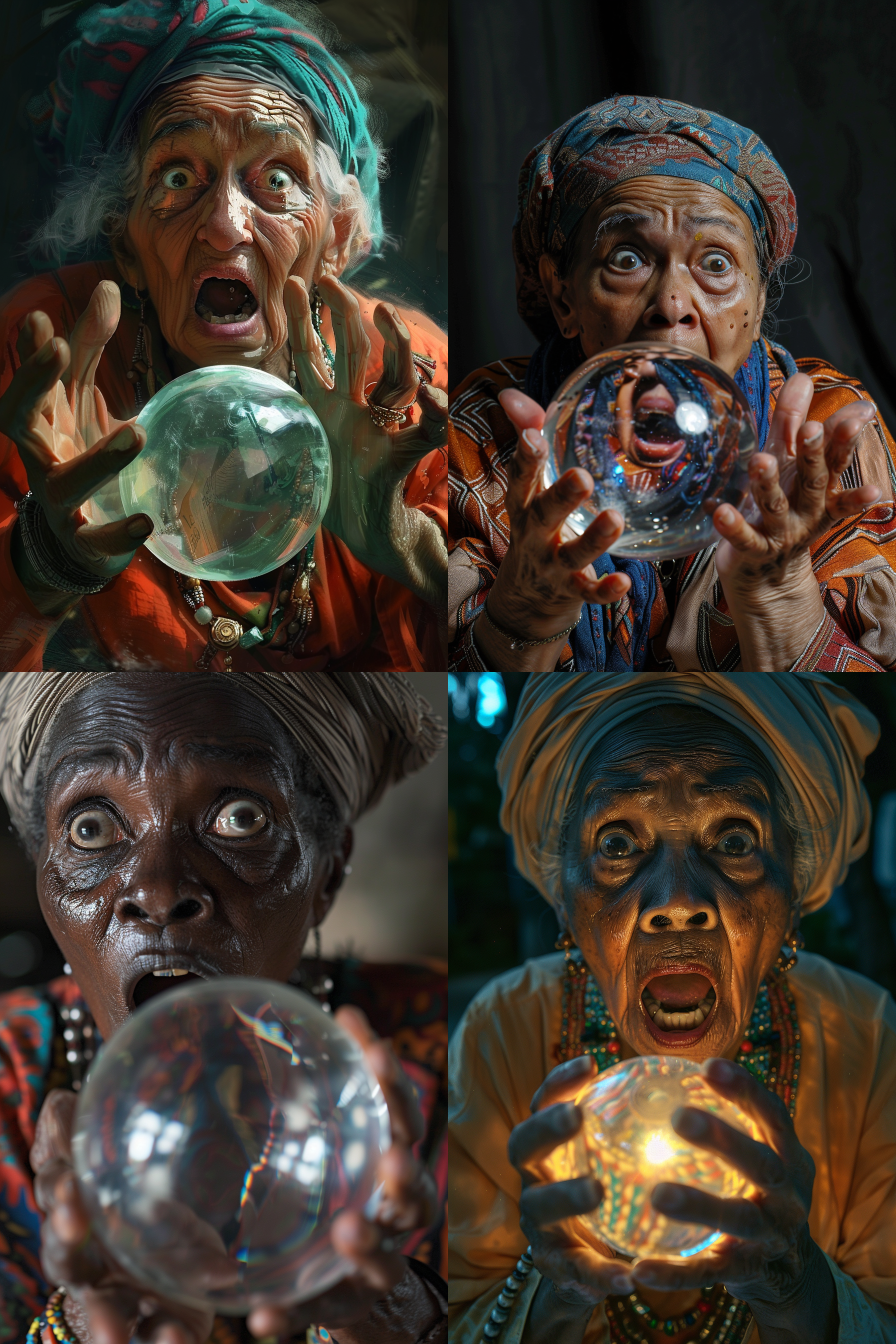 draw an elderly woman, a fortune teller, dark-skinned, with a magic ball in her hands, and shock on her face, she is simply shocked by what she saw, close-up, horizontal photo, as realistic as possible. she is even more shocked, she is super shocked and screams