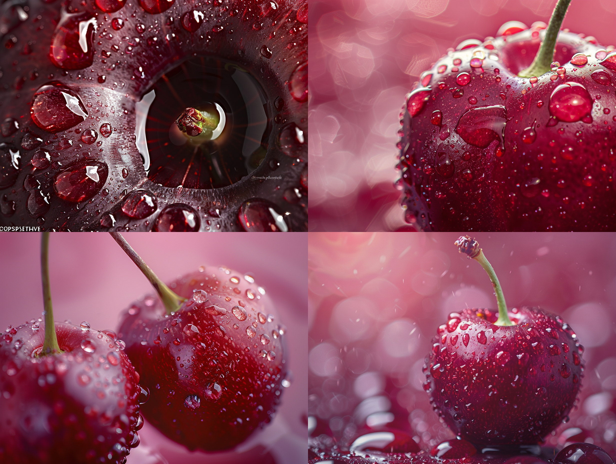 车厘子特写，高分辨率，酒红色，晶莹剔透，对称构图，水滴，深度背景，吸引力。