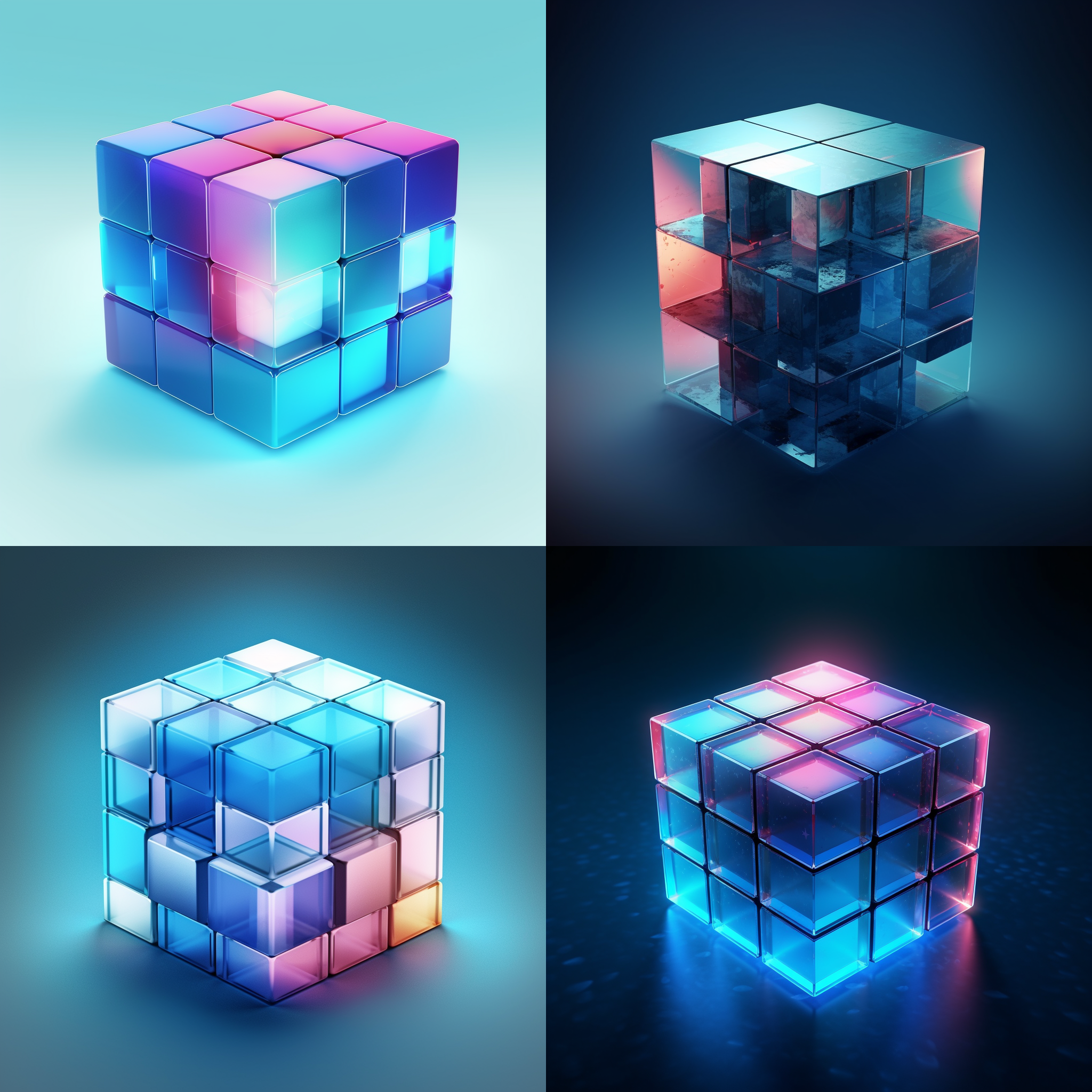 科技感魔方图标，毛玻璃材质，蓝色调，极简主义，抽象，立体3d，画面明亮，细节清晰，最好的画质，16k高清