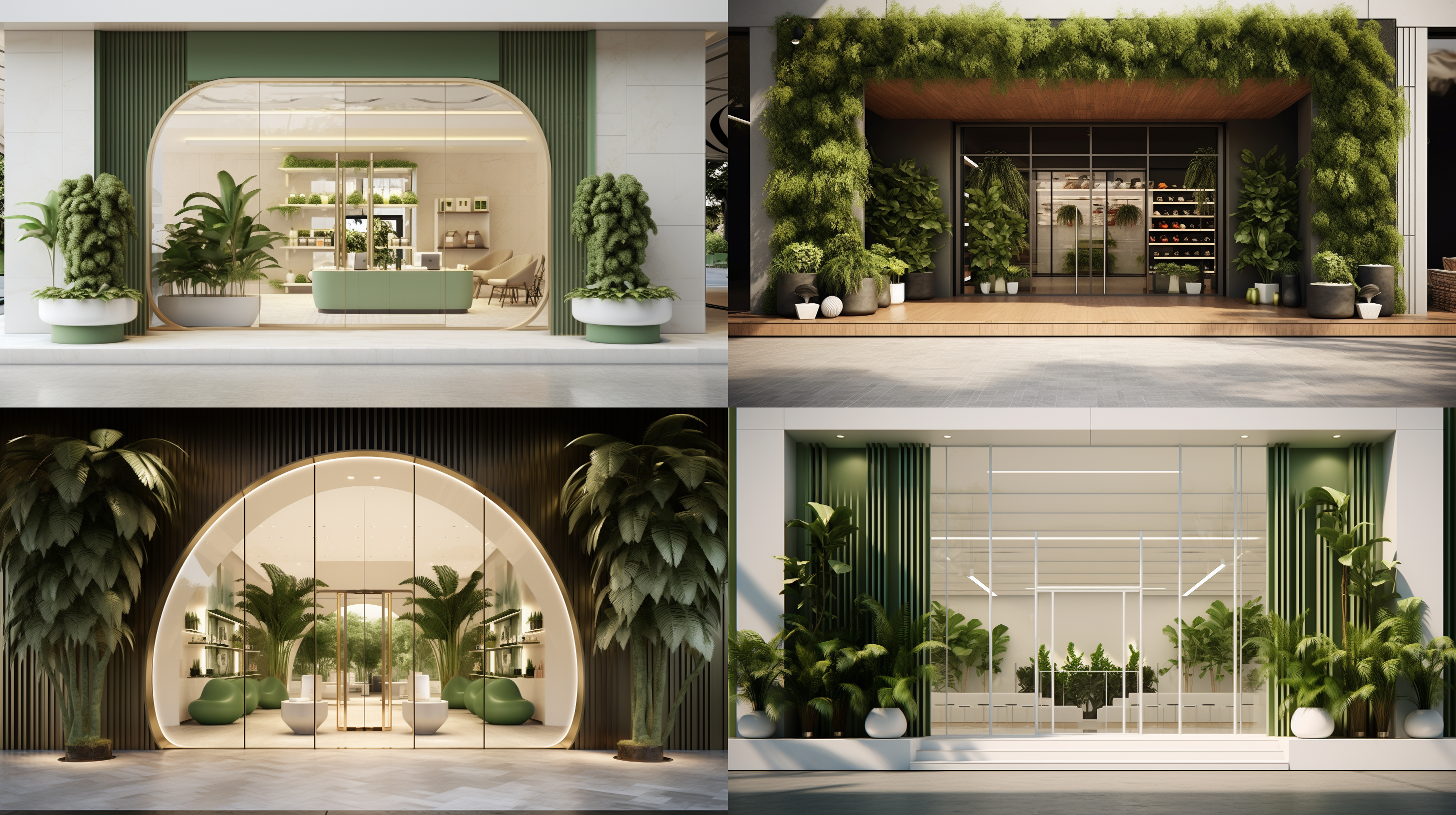 商铺入口大门效果图，现代简约，流线造型，绿植点缀，广角镜头，低角度，对称构图，自然光，明亮色调，欢迎动作，温馨，清新活力。