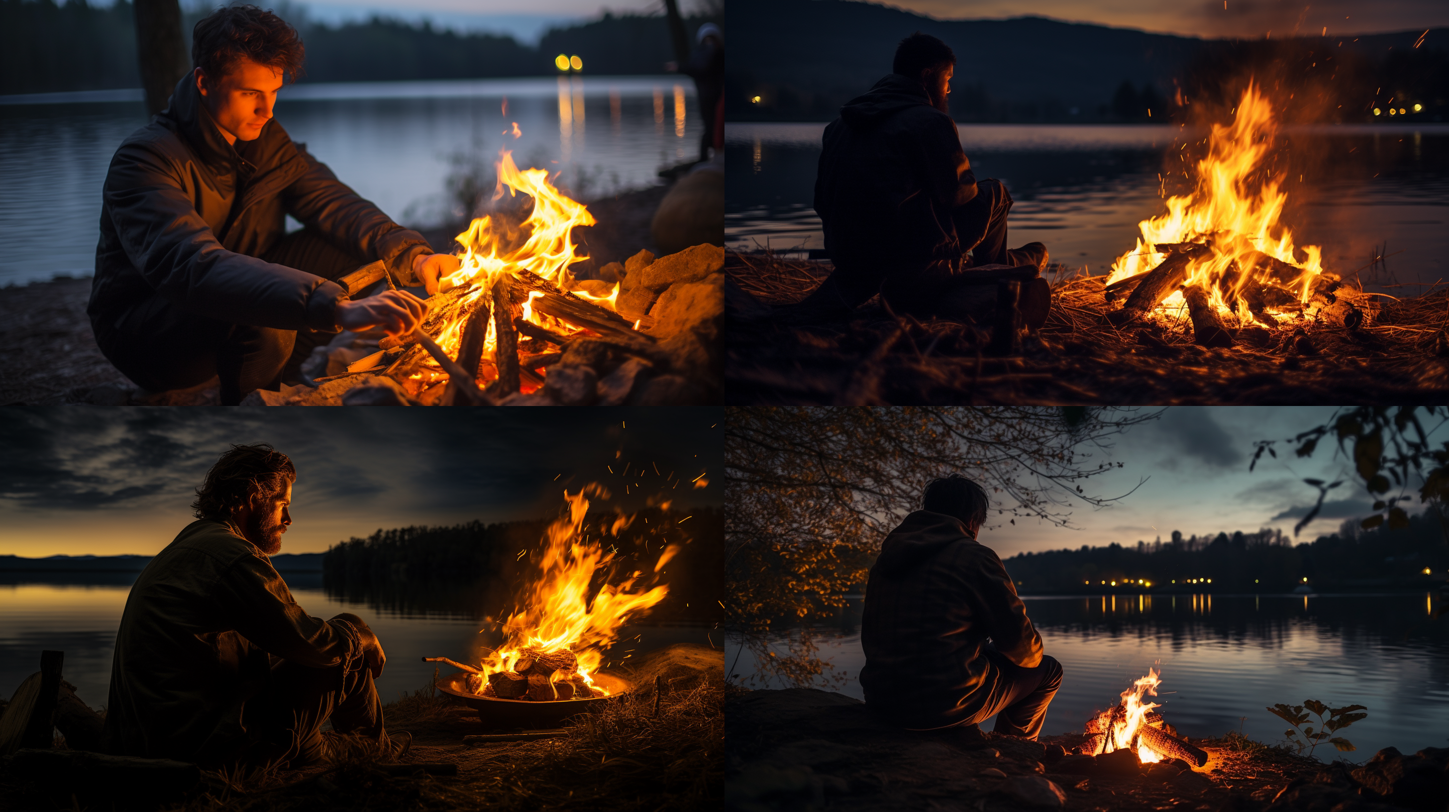 一个男人，熊熊燃烧的篝火，高火焰，湖泊旁，高清彩色照片，夜晚，鲜花，温暖灯光，轮廓明显，湖水反射，神秘，沉静，令人想象。portrait mode, wide aperture, long exposure, chiaroscuro lighting, introspective.