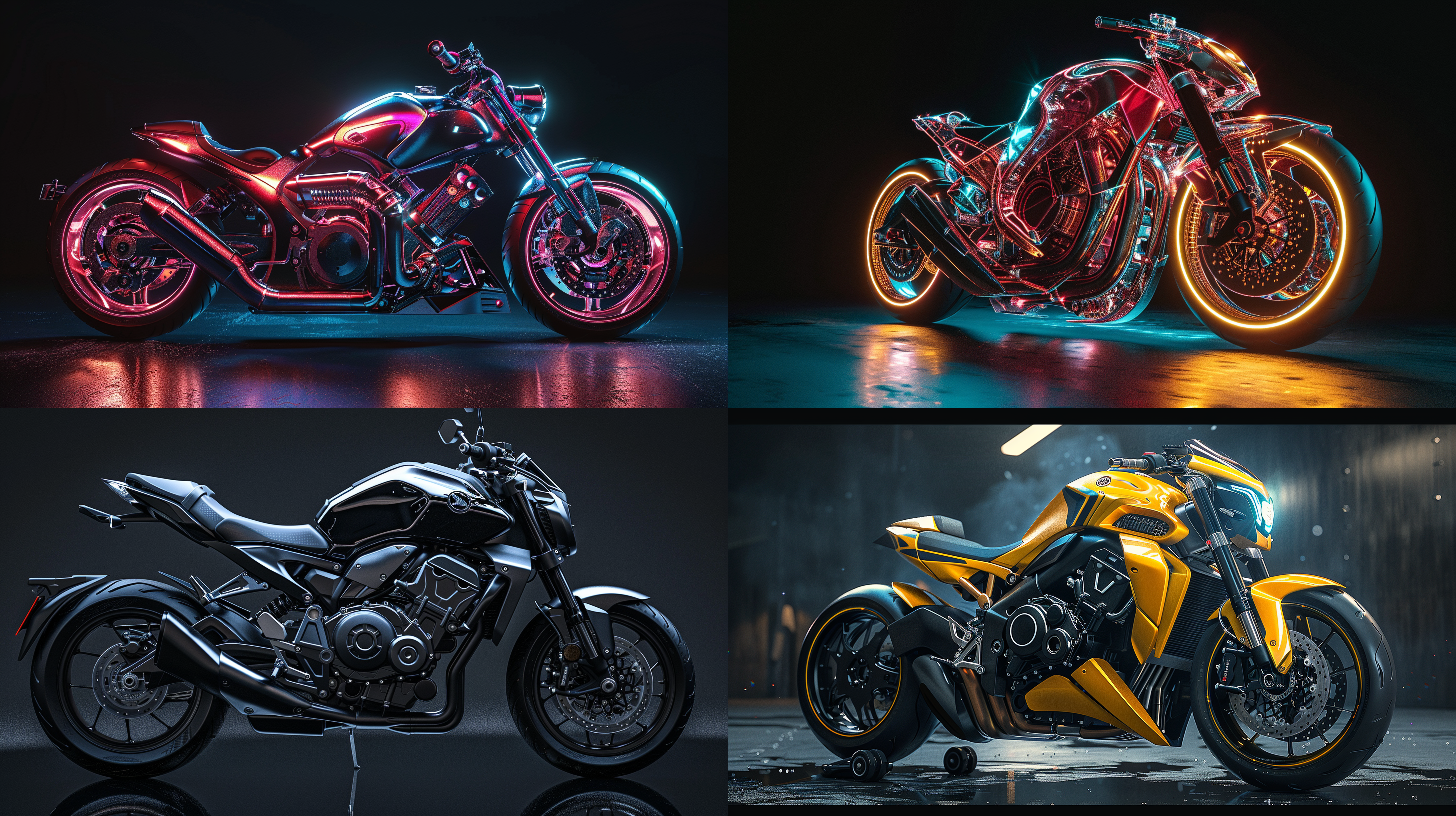 3d motorcycle, motorcycle, 3d model, 3d, c4d, mecha sense, shiny glossy, colored, smooth, side, ultra clear, uhd, black high reflective background, cinematic lighting, studio quality