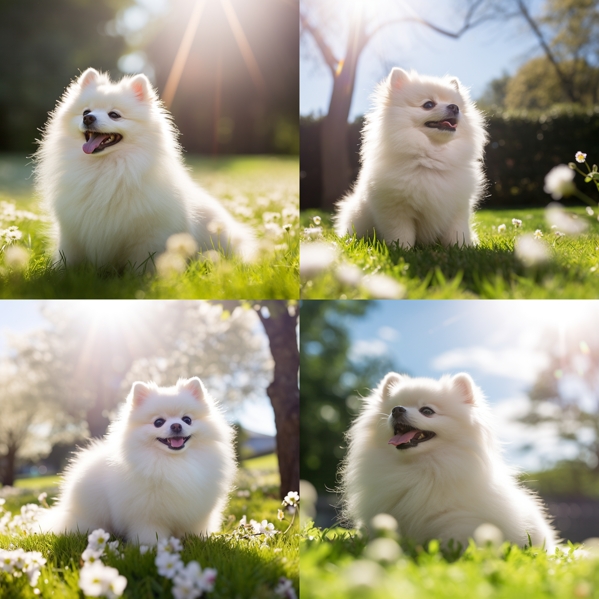 白色博美犬，春天，草坪，静坐，天气晴朗，真实，侧身，动物摄影，长焦镜头，自然光，柔和色调，宁静。