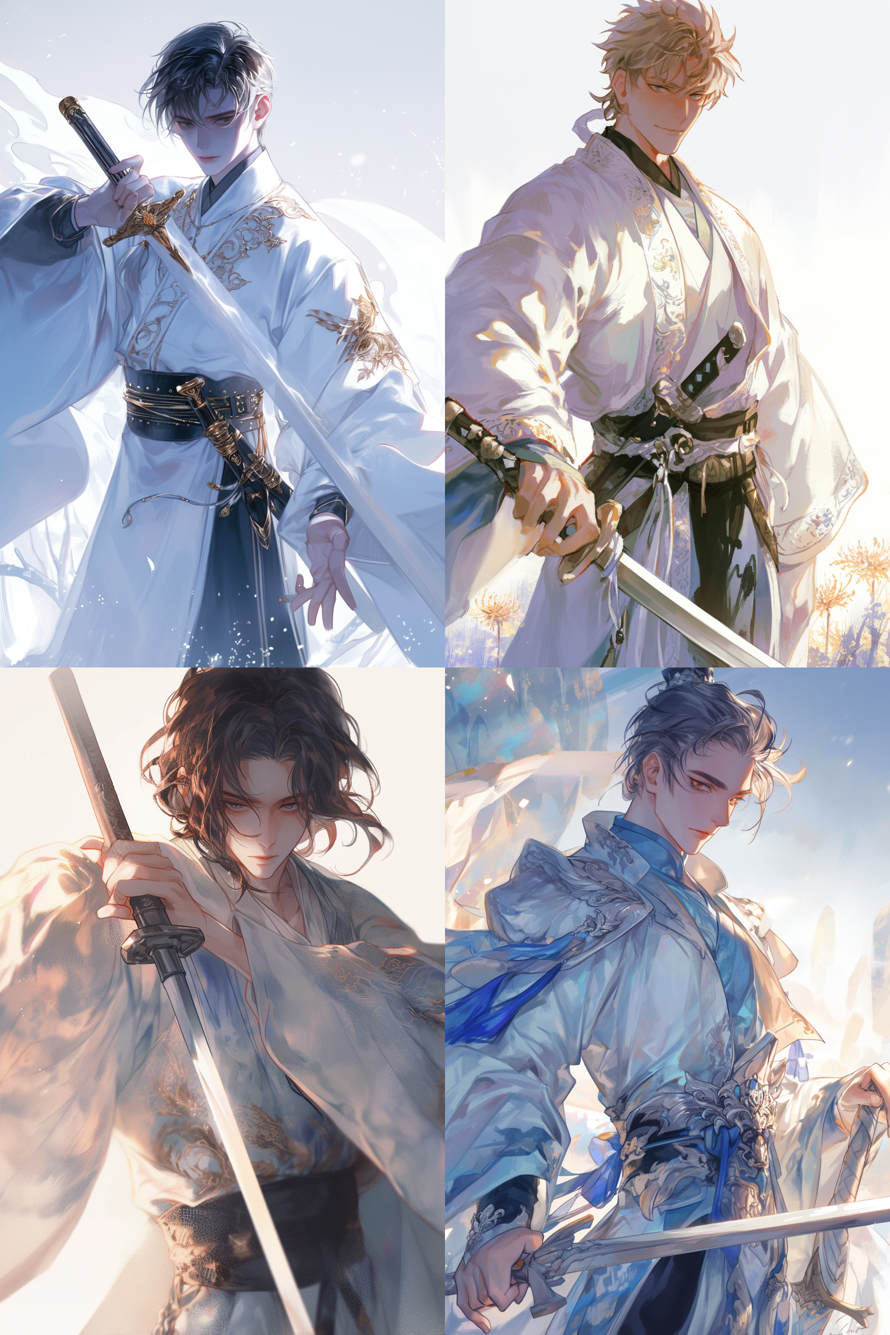 动漫男生，王者荣耀，李白，短发，中式汉服，手拿剑，身材壮硕，全身，高大帅气，温柔眼神，细节丰富，白色基调，逆光拍摄，侧光，抓拍，英姿飒爽。