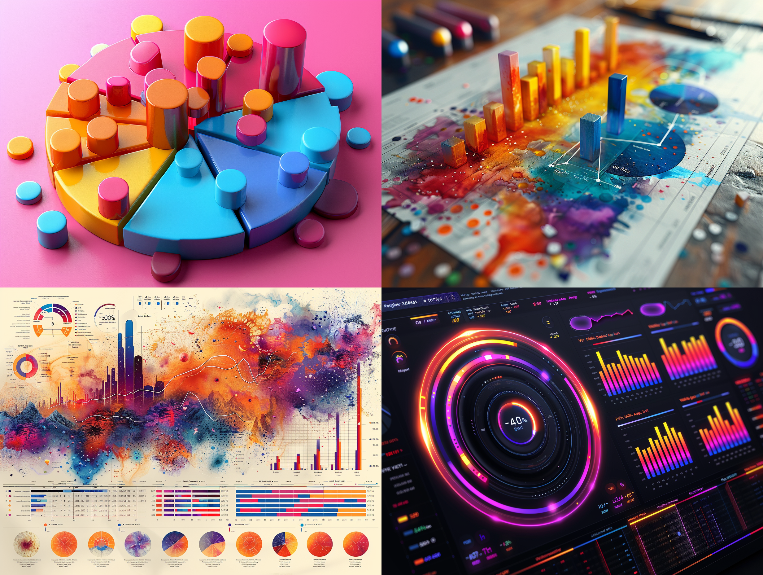 四象限图表，现代设计，明亮色彩，简洁风格，数据可视化，直角布局，条形图，折线图，饼状图，散点图，信息丰富，专业感。