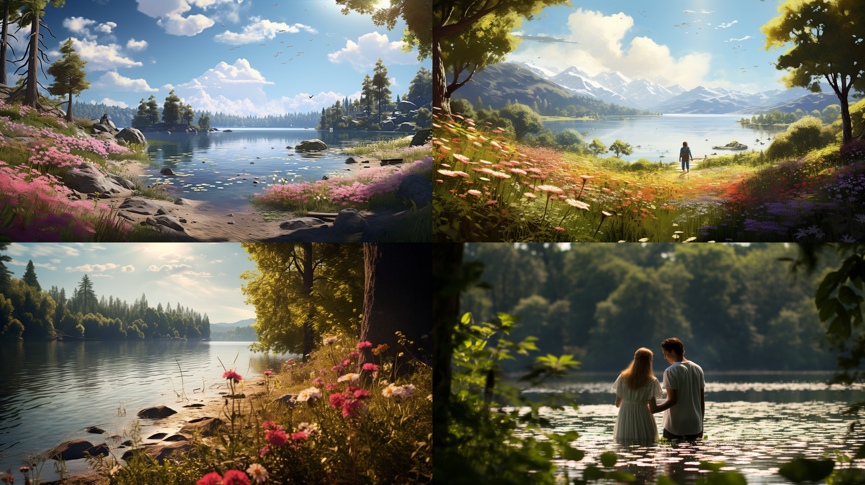 湖畔鲜花，森林环绕，阳光灿烂，游人远望，高清摄影，大景深，大广角，湖泊风光，自然色彩，和谐平衡，宁静美好。