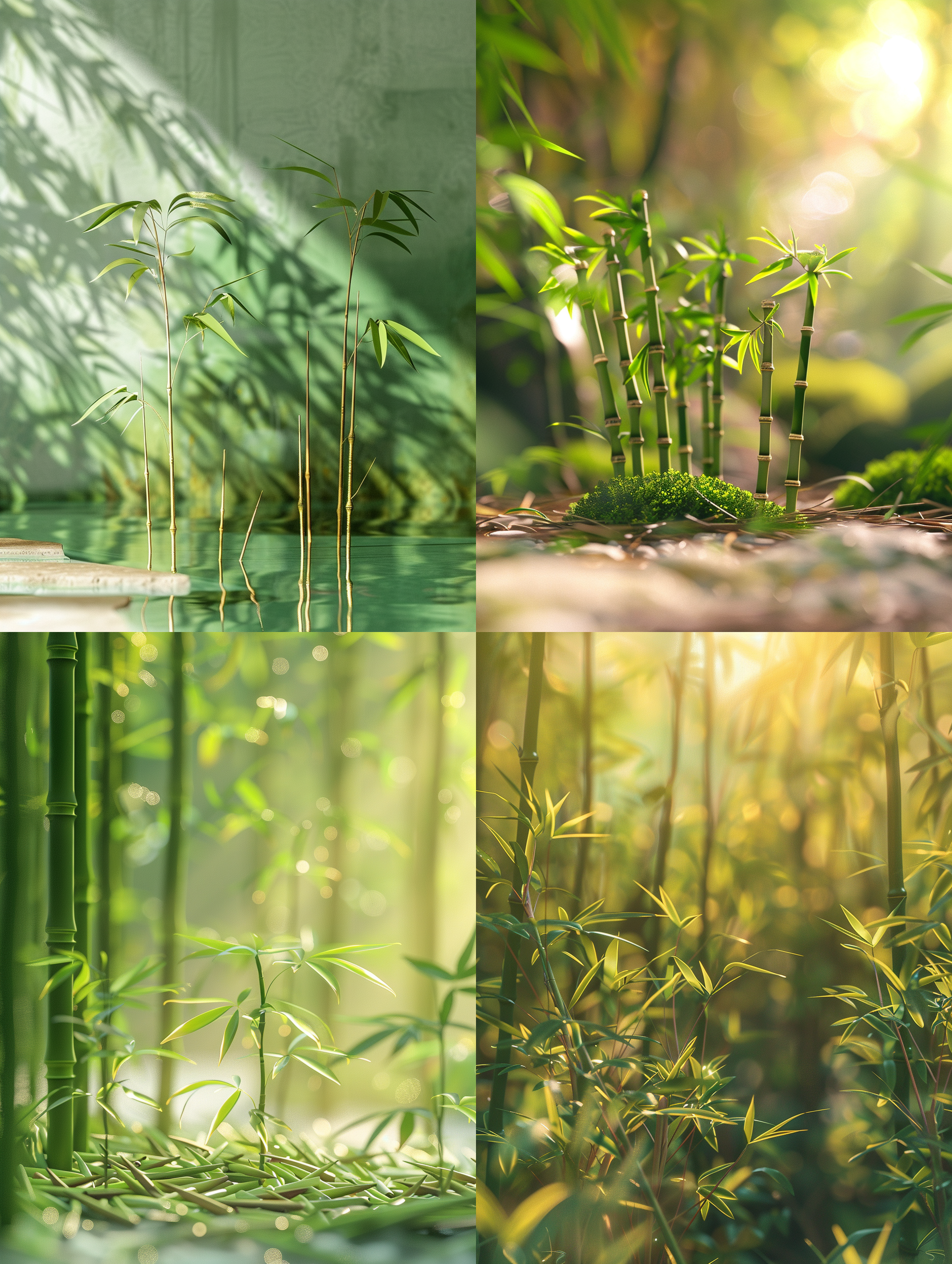 全景构图,微缩景观,竹笋,高清8k,3d立体渲染效果,墨绿搭配,金色线条,自然光线,电影画质,电影构图,画面通透,高级质感,明暗对比强烈的光影,阳光的味道,超清细节,光泽,植物肌理,通透,近景模糊,三维古风,画面干净