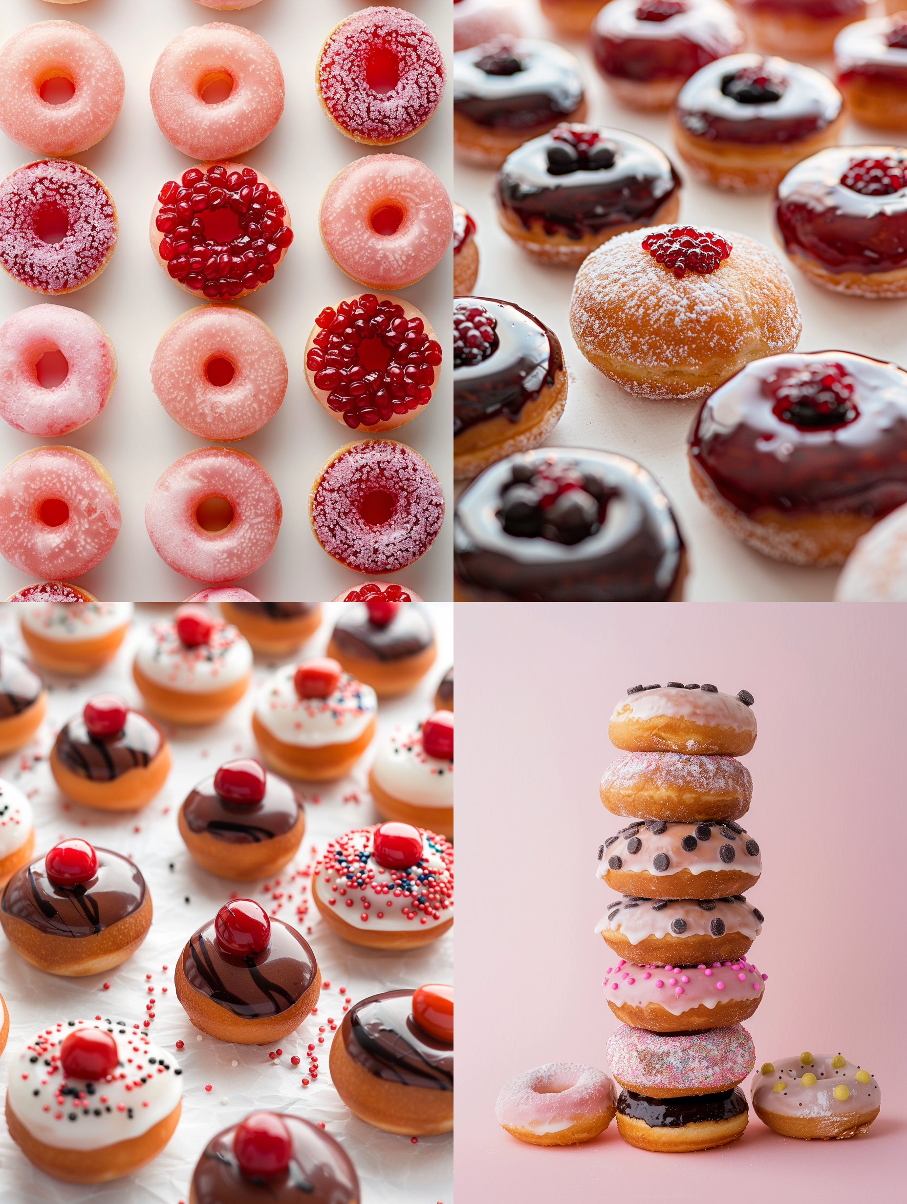 红豆夹心甜甜圈面包，色彩鲜艳，对称构图，甜美风格，甜点摄影，暖色调，柔光，静态，诱人，白色背景