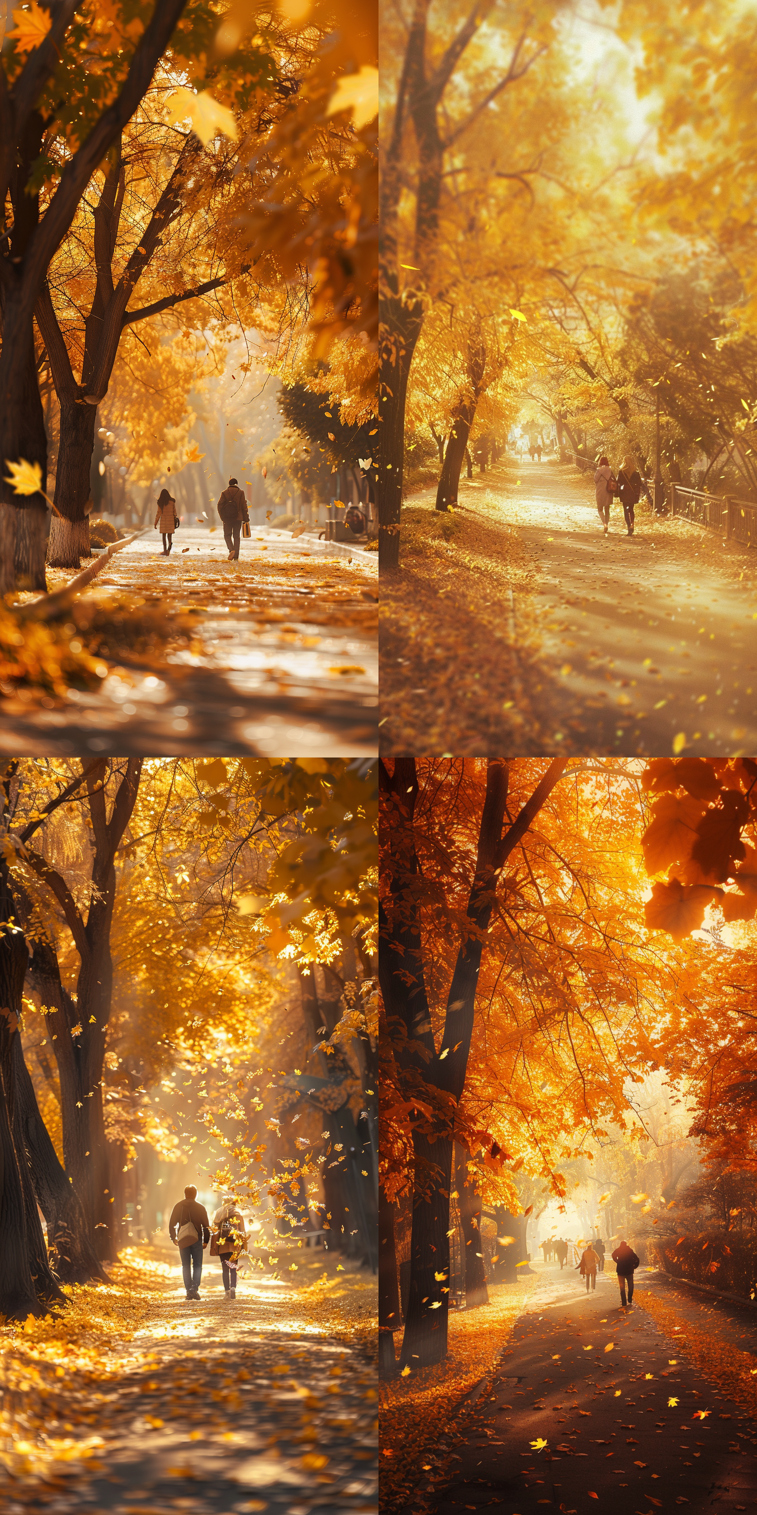枫树小道，逆光拍摄，温暖色调，中景构图，飘落树叶，长焦镜头，柔和光线，行人漫步，宁静，轻松。黄色背景。史诗级画质。 枫树叶随风飘落，行人轻松漫步于逆光小径，温暖的色调映衬着宁静氛围。