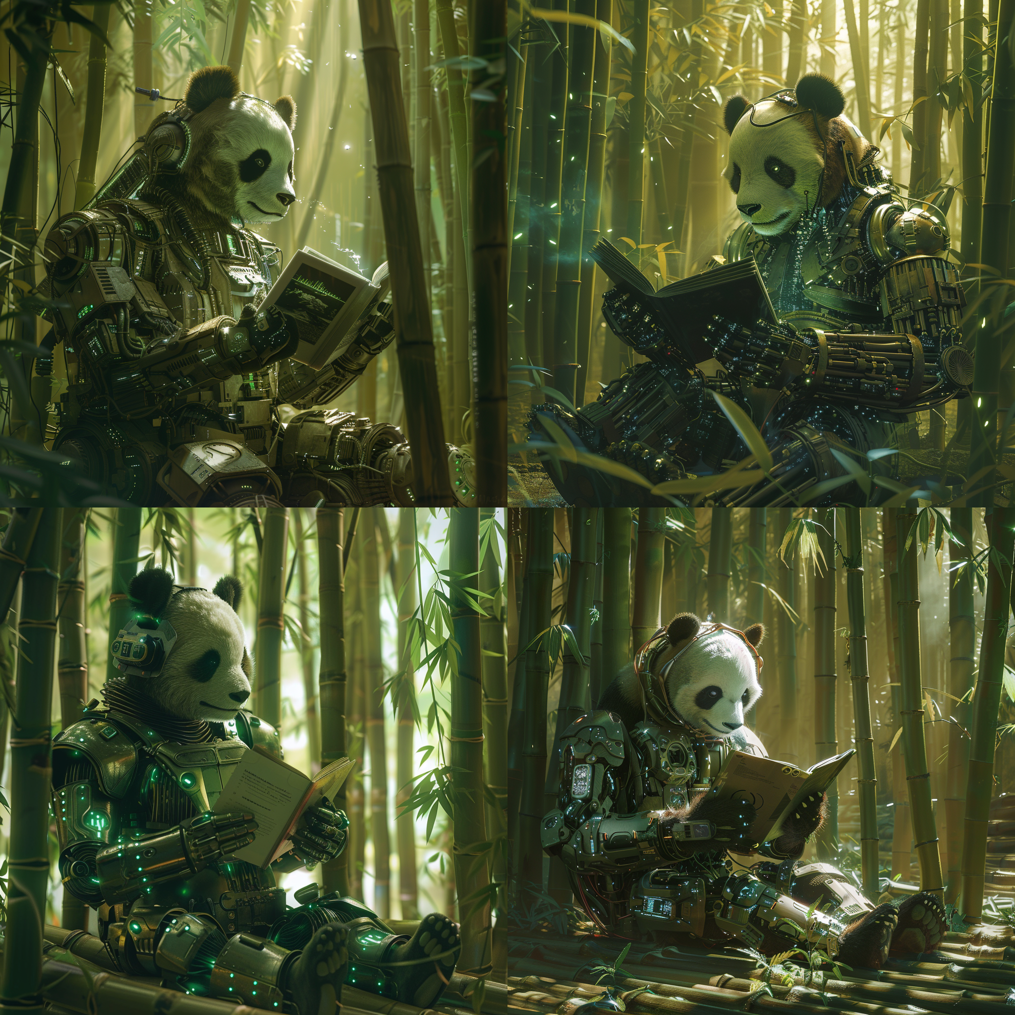 机械熊猫读书，竹子环绕，竹子科技发光，赛博朋克，金属感，细节丰富，高光反射，科技氛围，广角镜头，清爽背景，温馨，阳光透过竹子照射，轮廓凸显，亮绿色，45度视角。