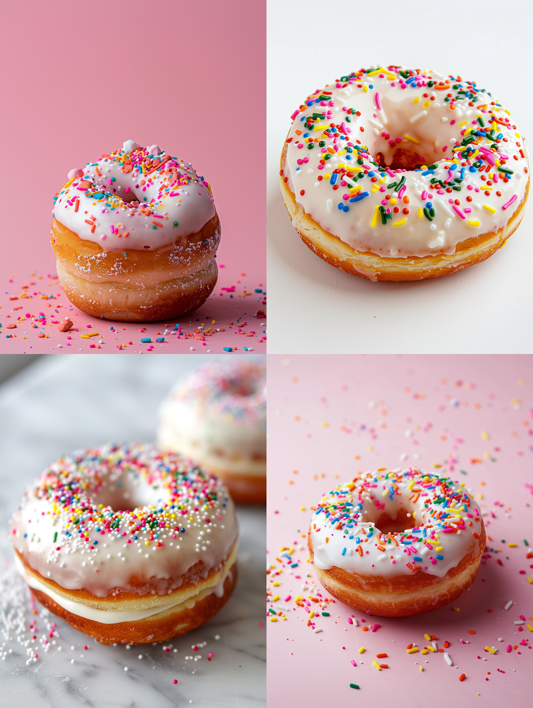 一个酸奶夹心甜甜圈面包，色彩鲜艳，中心构图，甜美风格，甜点摄影，暖色调，柔光，静态，诱人，白色背景