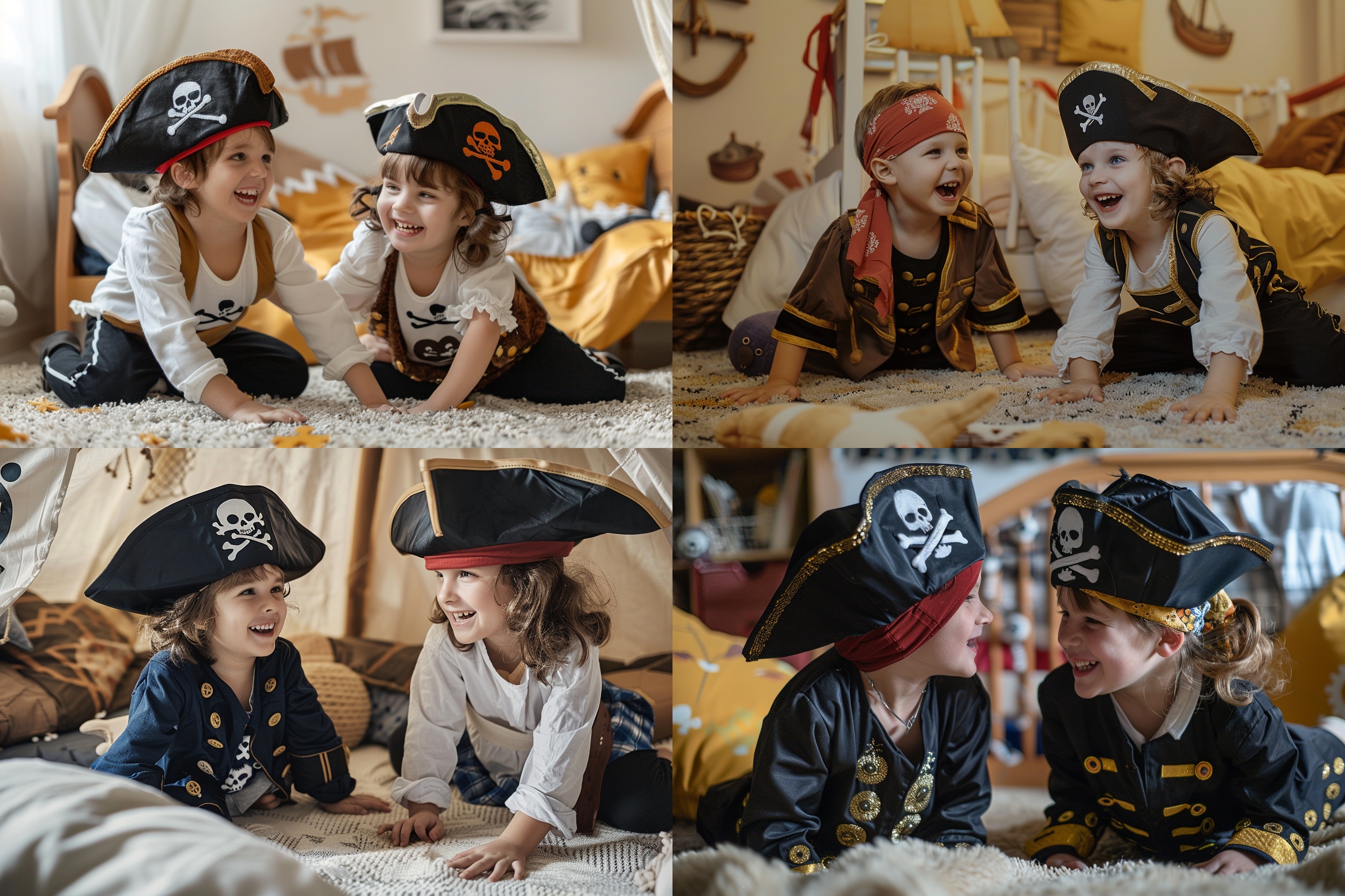 两个穿着海盗船长服饰的的孩子在卧室内玩海盗角色扮演的游戏，孩子坐在地毯上，室内场景，有着海盗船长装饰的卧室，海盗船长风格主题，正面场景，正视图，中景，孩子脸庞清晰，表情微笑自然，真实的皮肤质感，高清质感，8k，hd，真实的高清图片，浅黄色和白色系