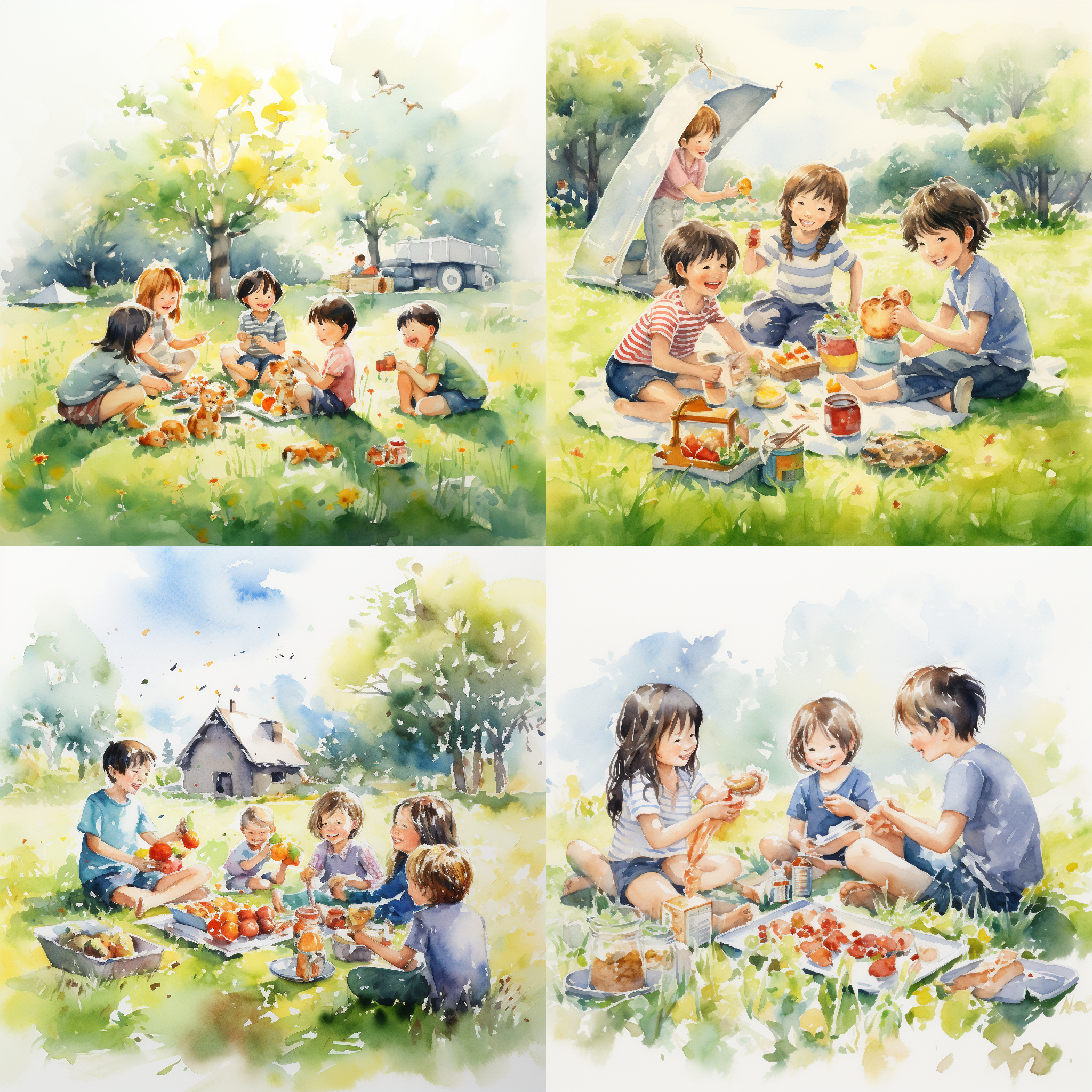 一群孩子在明亮的草坪上野餐，轻水彩风格，白色背景，少细节，孩子和几个散落的野餐物品，欢快，明亮，自然光，活泼，童趣。