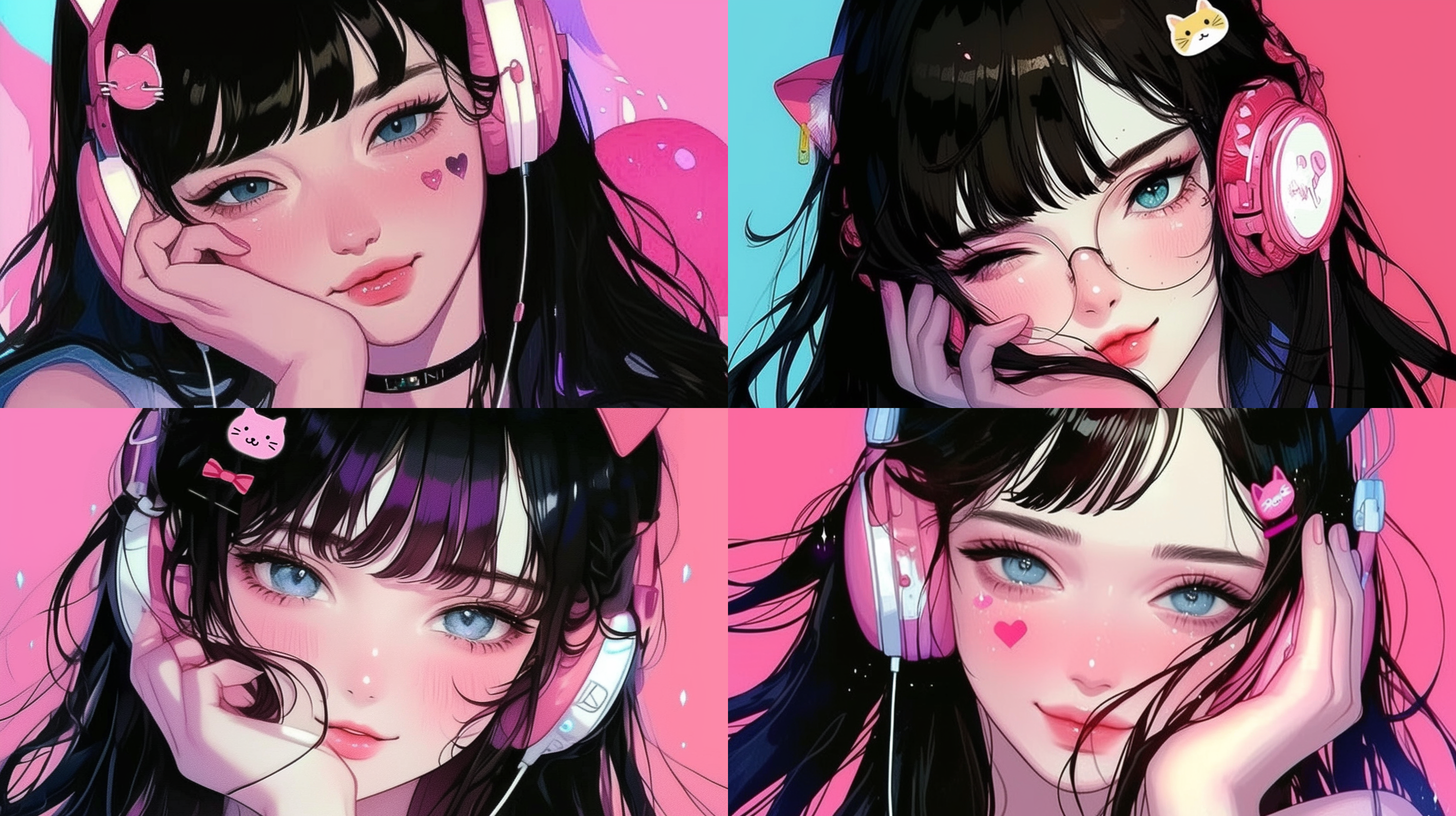 美女自拍，黑色长发，粉色耳机，小猫发卡，与图片风格一致