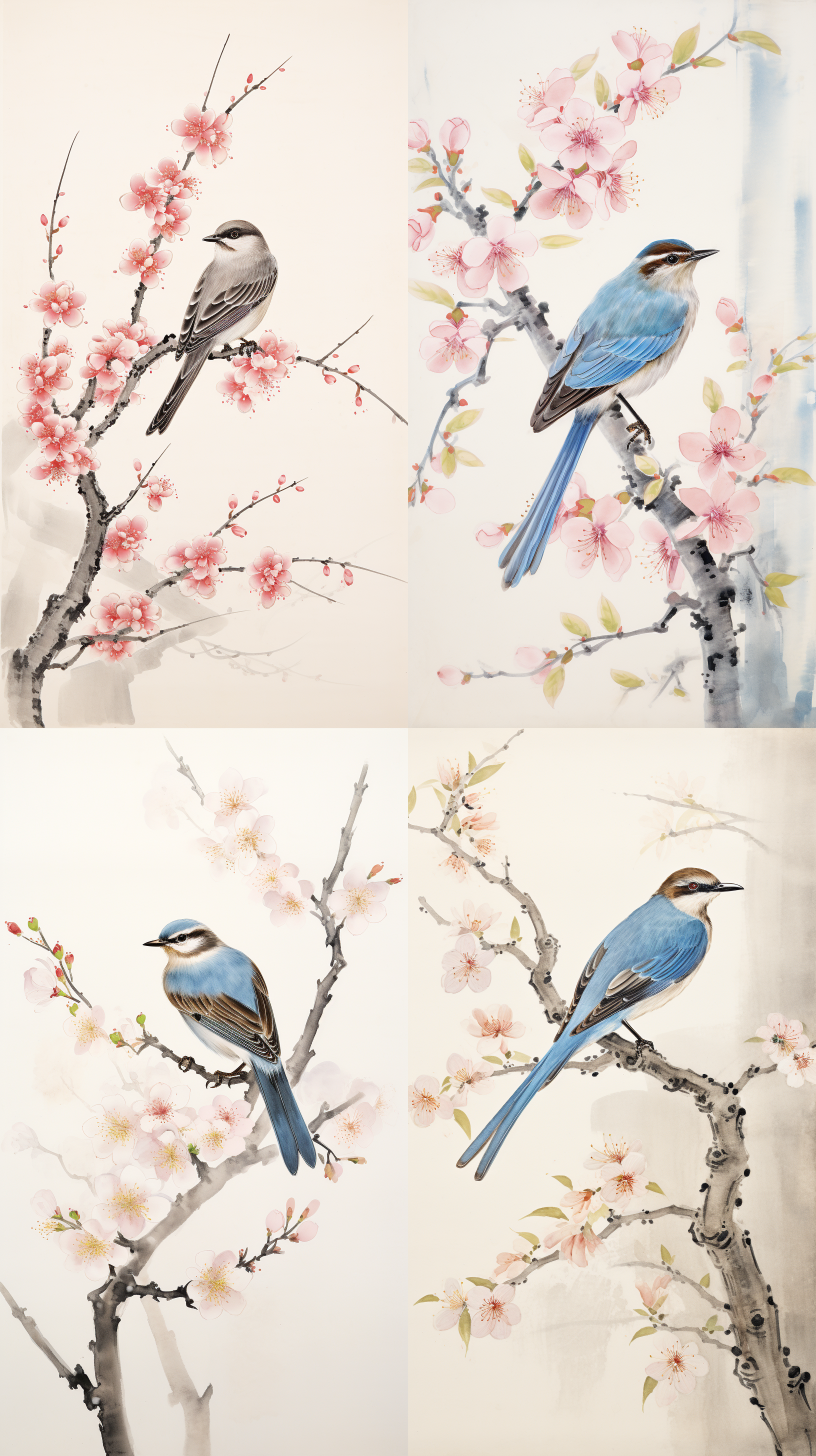 齐白石写意画，淡色粉蓝色鸟样式，六边形薄金线背景，美丽的樱花框架，水彩，中国画效果