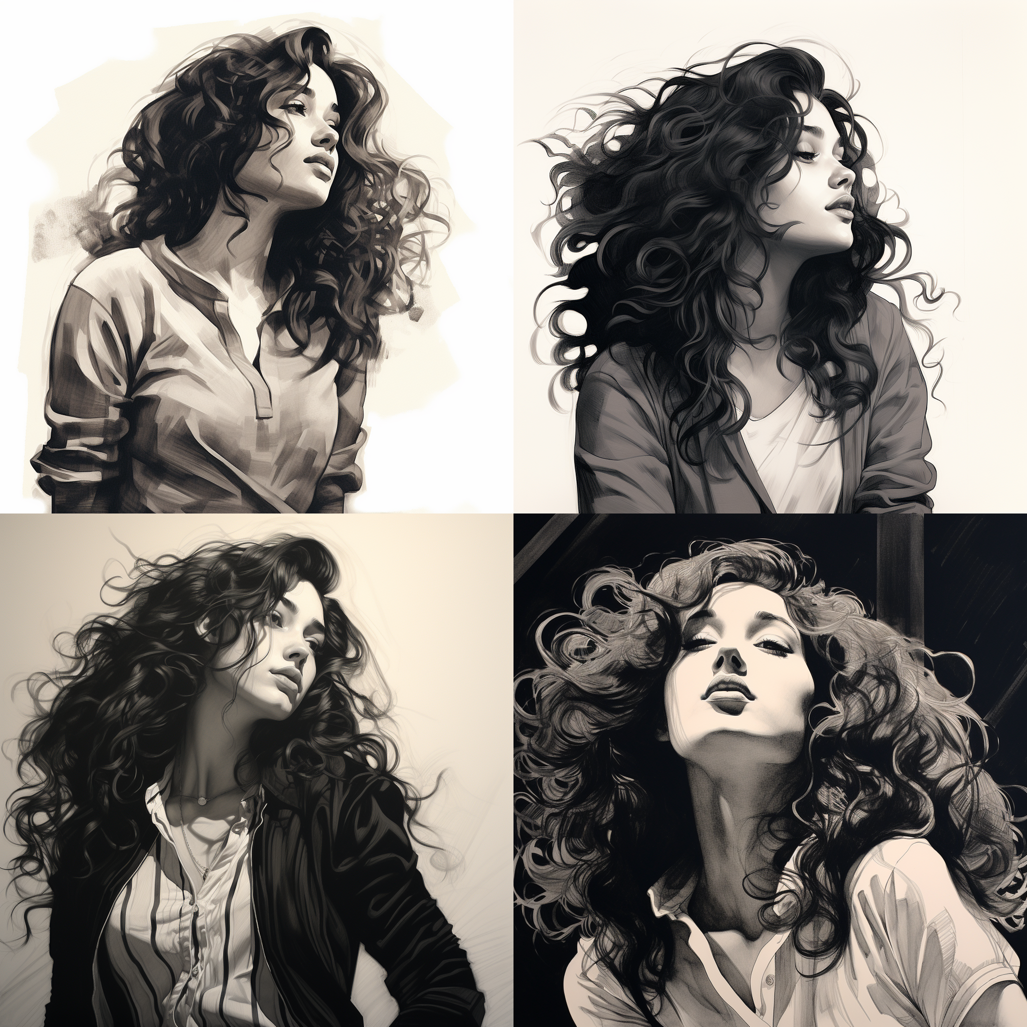 年轻女子黑白肖像，长卷曲头发，漫画风格绘画，插图，侧脸，明亮对比，简约背景，柔和光线，表情认真，复古色调，纹理细节。
