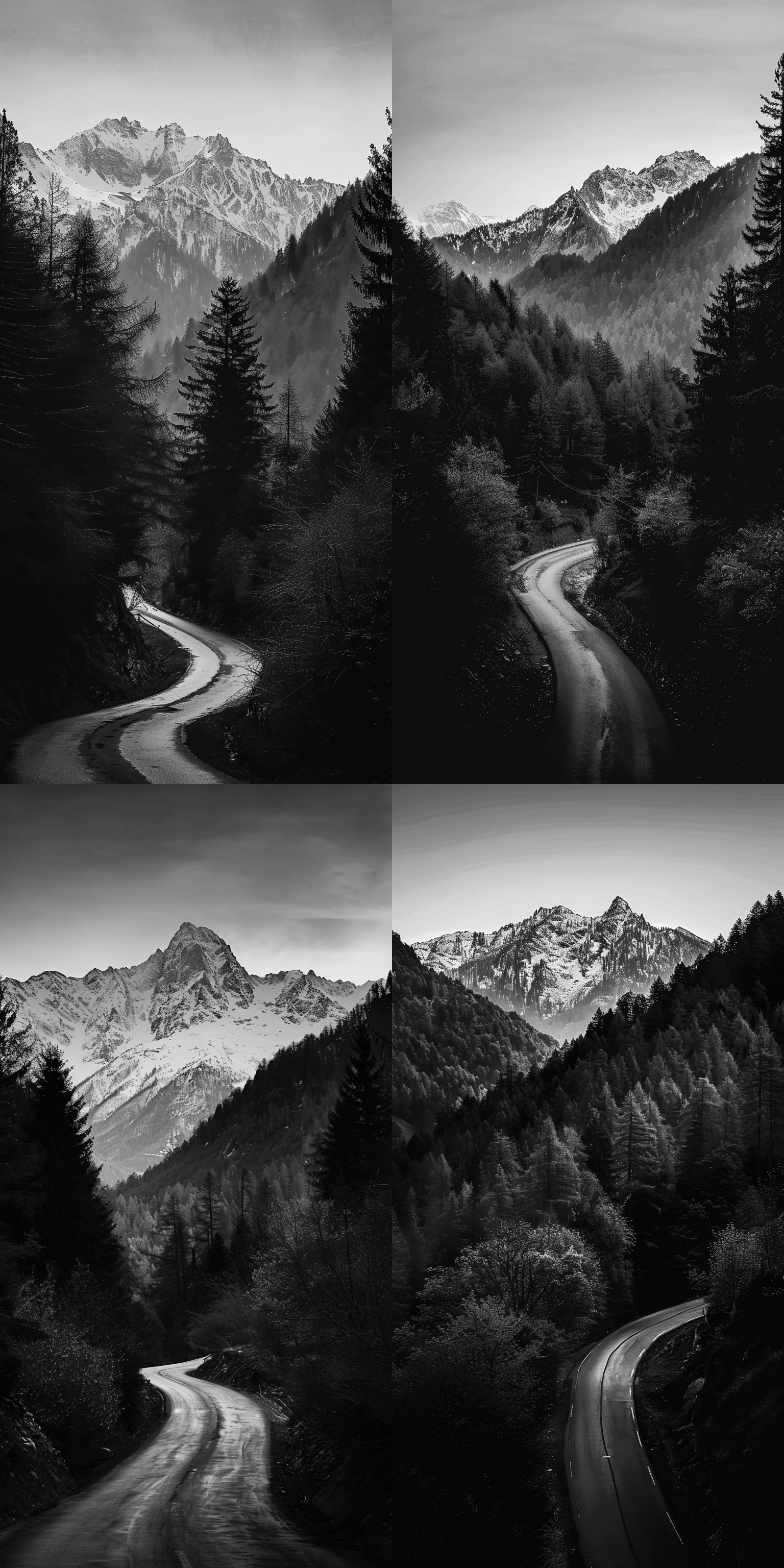 森林，山，马路，黑色调，与图片一致