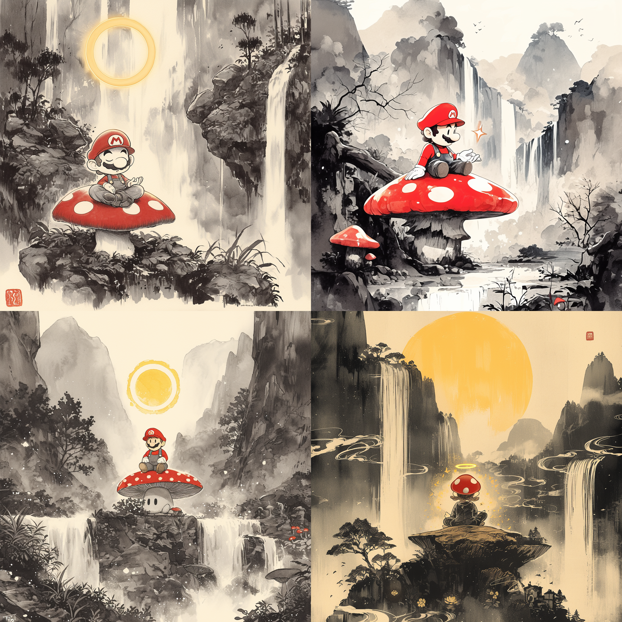 马里奥坐在瀑布边的红色蘑菇上冥想，背后有个黄色发光的光环，后景是瀑布，东方山水画，黑白水墨风格，