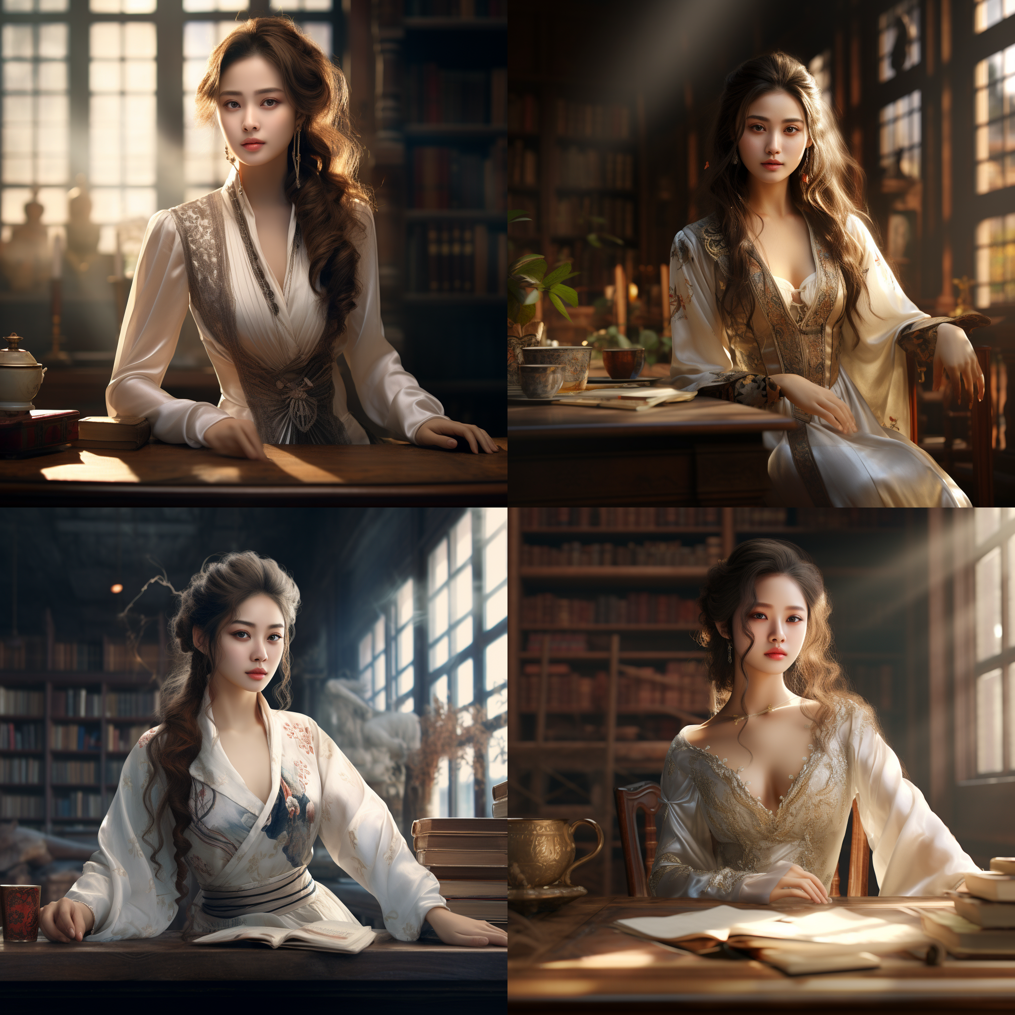 elegant chinese woman sitting at a table in the library, with chestnut hair, elegant style, off white, 8k