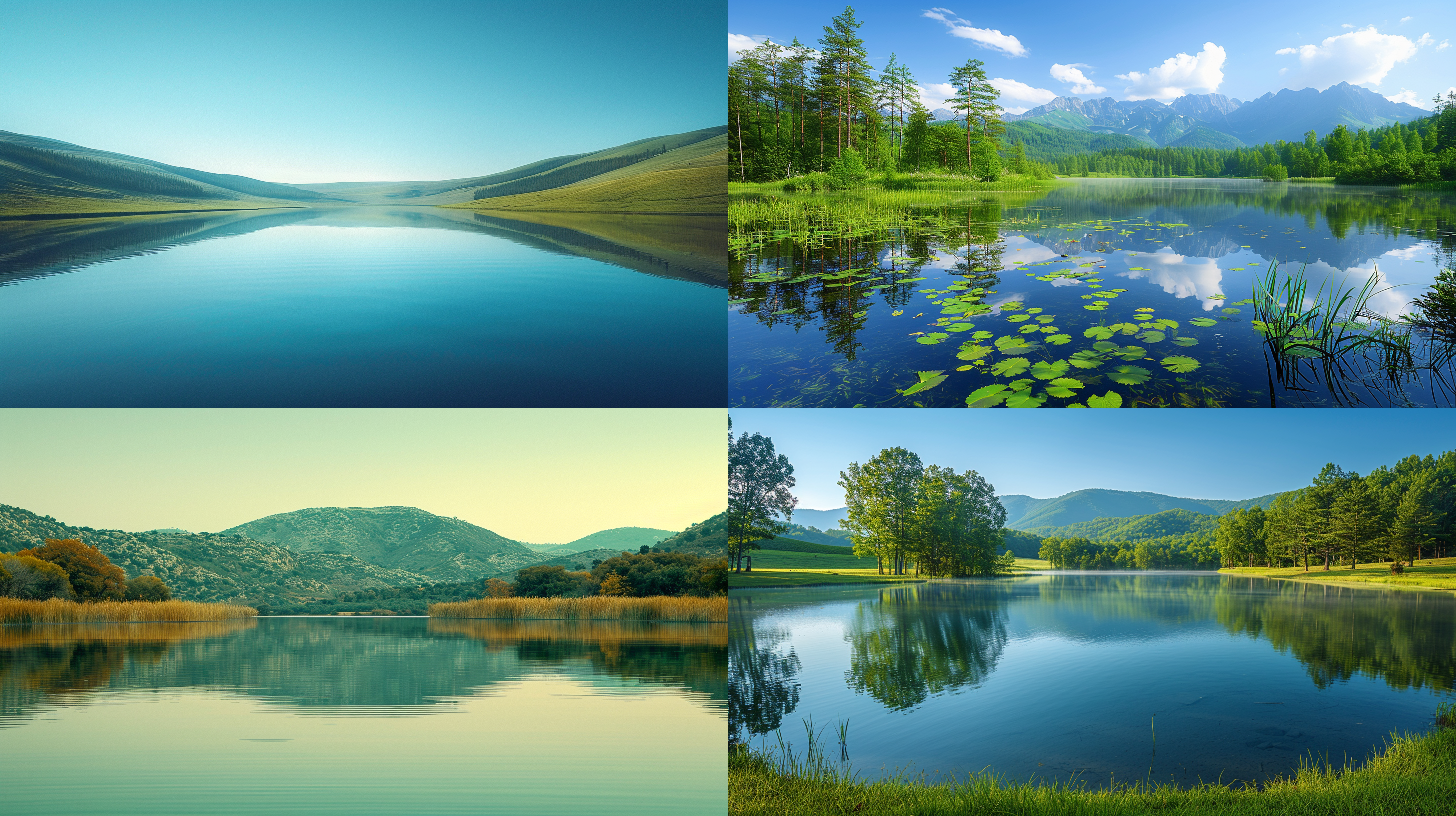 大片湖泊，清晨，远处有绿色树林，草原，山峦，大景深，高清彩色摄影, 水面倒影，宁静，朝霞，湖畔，广角镜头，自然光，和谐，宁静。