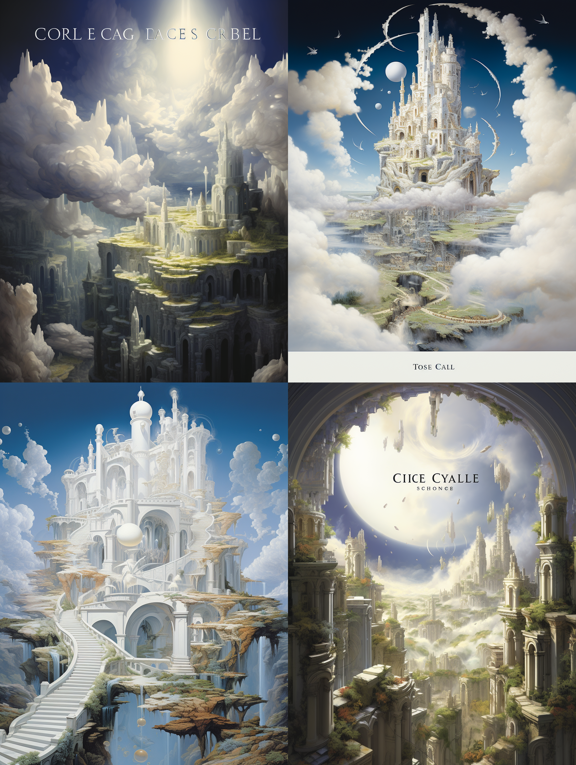 三维古风,白色结构覆盖着湿润的云彩,风格有马尔科马涅夫,形而上学的内部,螺旋组,栩栩如生的渲染,生物光,电子光源,丁达尔效应,超清,疯狂细节,托马斯,·,科尔,米哈尔,卡尔茨,浅灰色和浅琥珀色