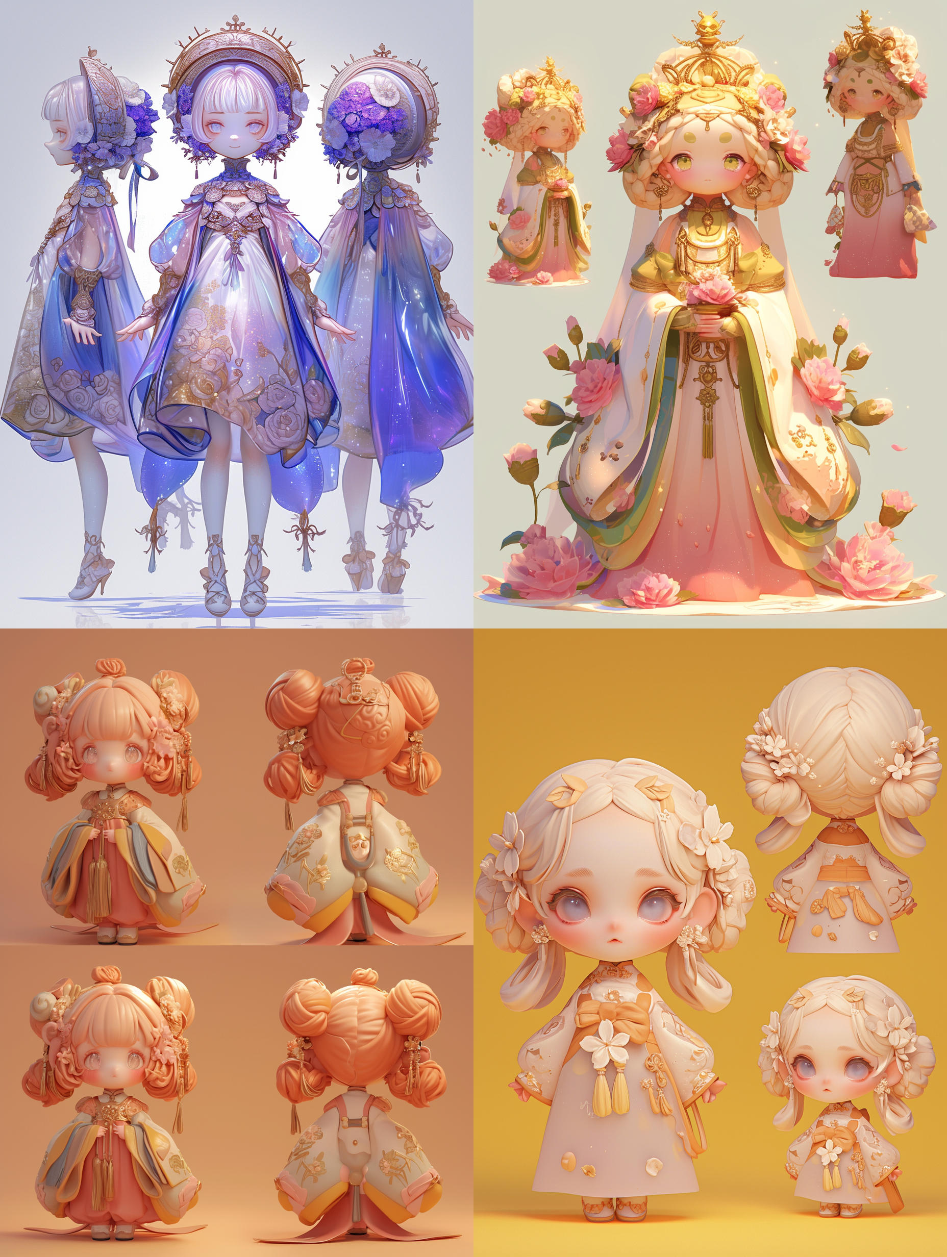 三视图，正视图，侧视图，背视图，q版，三头身，可爱，古风小女孩，花朵，糕点full body, enerate three views, namely the front view the side view abd the back view, super cute girl ip by pop mark, colorful, plastict ransparent, soft lighting, glowing body,mockup, blind box toy,fine luster,clean background, 3d render, oc render, best quality 4k, ultra detailed, crazy details