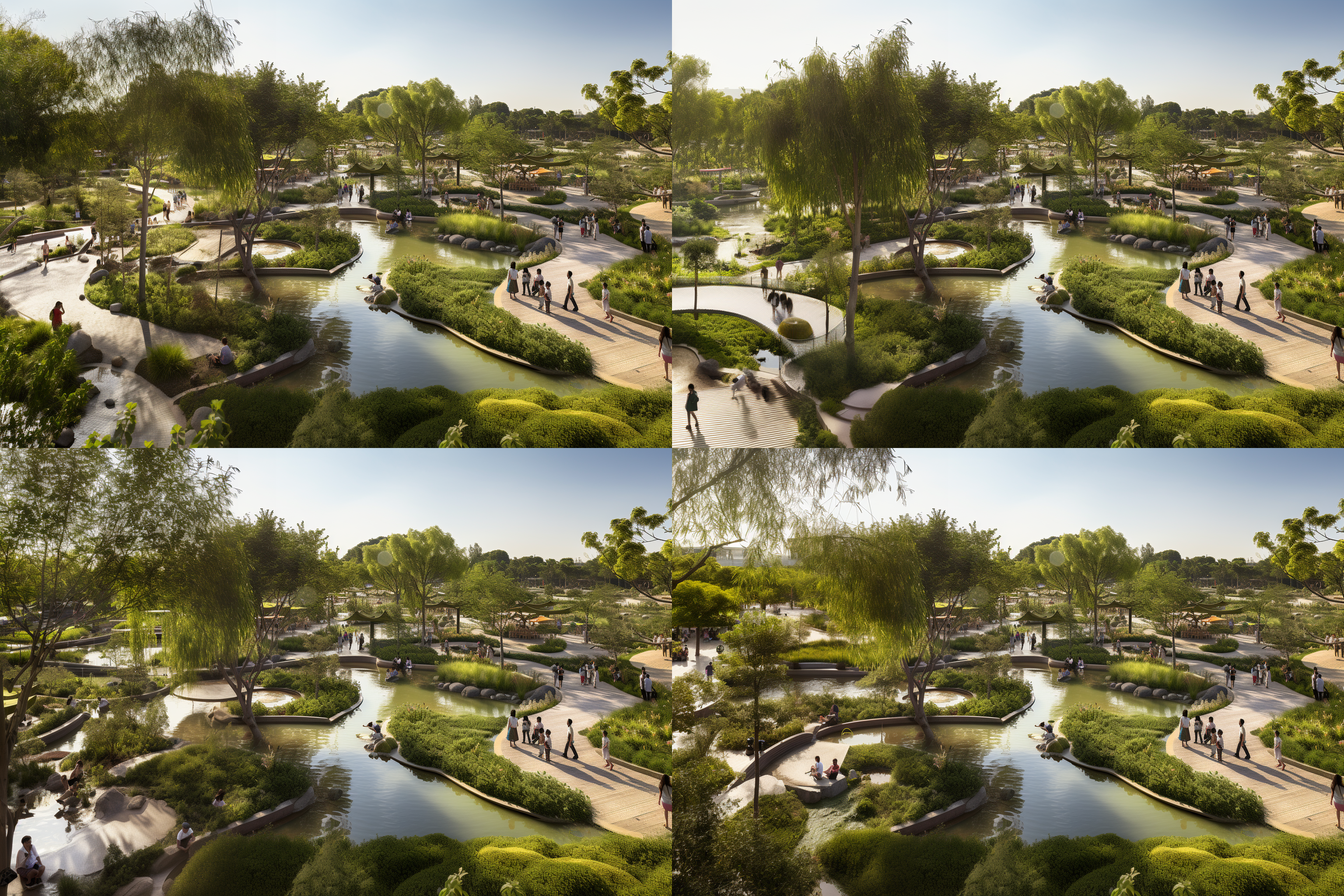 社区公园，儿童游乐区、戏水区、观花游览区、竹林休憩区，大草坪，湖泊贯穿，叠水形式，各种桥梁，欢快色调，广角镜头，自然光，家庭活动，树影斑驳，欢乐。