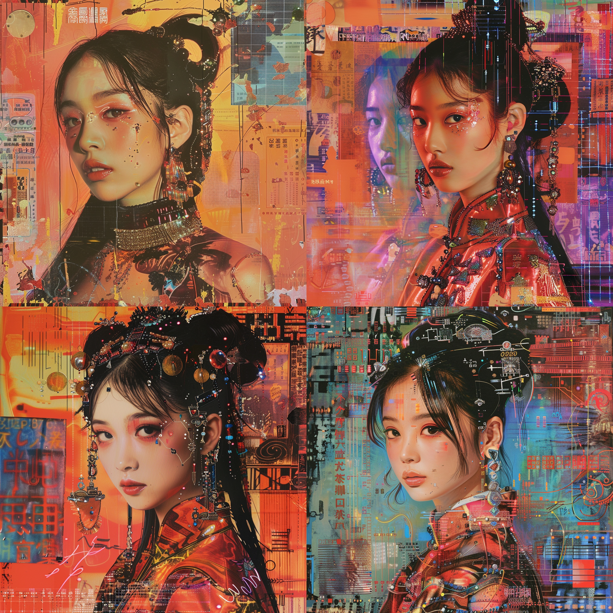 中国少女，2000年代y2k风格，拼贴艺术，科技元素，荷尔蒙情绪盘，高饱和度，pvc,水钻，国风