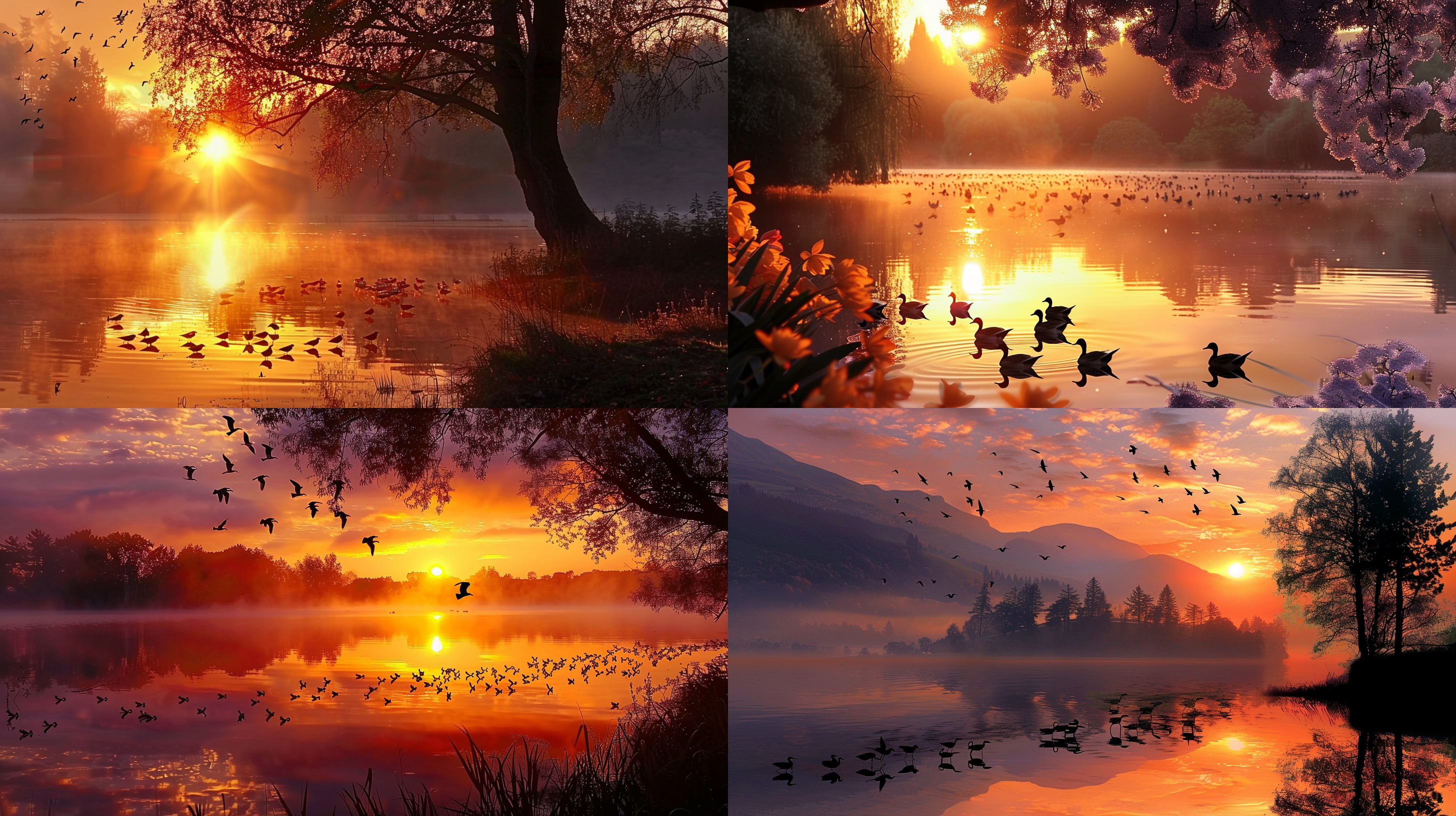 湖泊日落，飞鸟群，树林远眺，大景深，高清彩色摄影，黄金时刻，逆光，静态，宁静祥和。