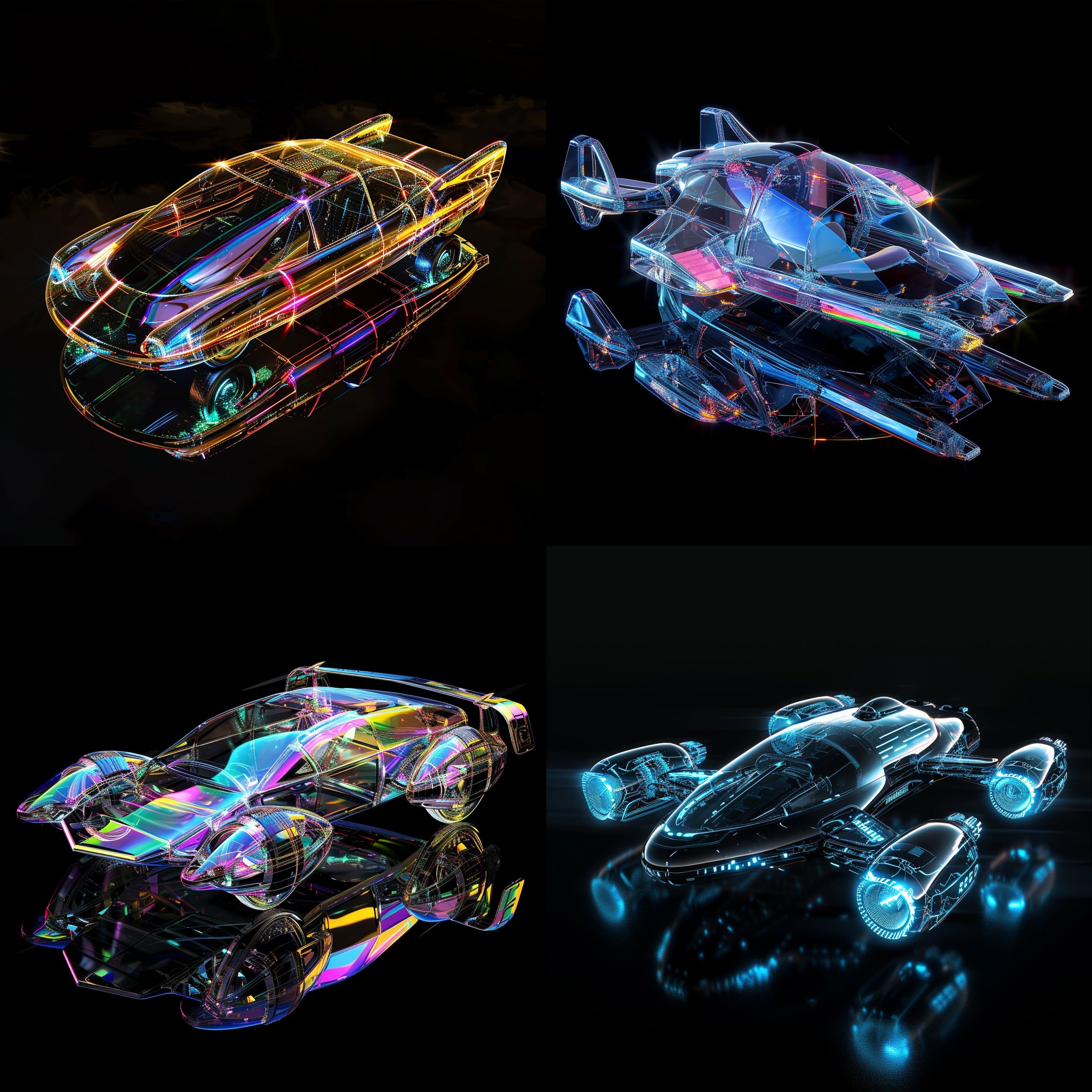 keywords holographic 3d flying car, flying car, holography, holographic color, futuristic sense, advanced sense, scientific sense, flying car, black highly reflective background, best picture quality, best quality, 3d, 3dmax, oc rendering