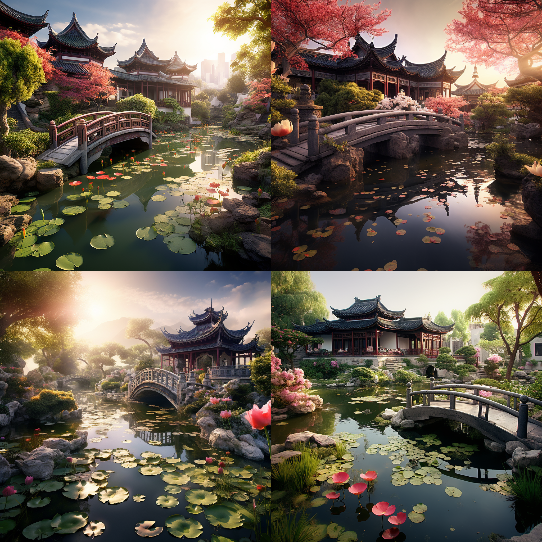 中式古典园林未来主义，小桥流水，春色园林，曲径通幽，黄色睡莲，白天，高清摄影，宽广景深，明亮光线，自然色调，和谐融合，晚霞宏伟壮观，静谧安详。 高清摄影, 宽广景深, 明亮光线, 自然色调, 和谐融合, 晚霞宏伟壮观, 静谧安详