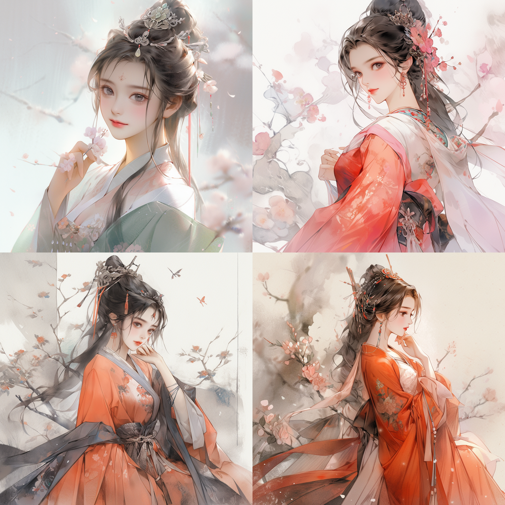 真实全身照片，中国古装美女，中国水彩画风格