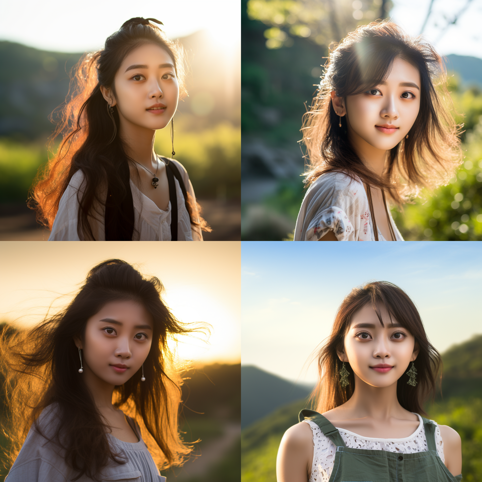 中国女孩，阳光照耀下，微胖身材，超短裙，浓眉大眼，目光柔和，笑容满面，背景充满自然风景，柔和光线，中焦镜头，自然姿态，欢快色彩，轻松愉悦。