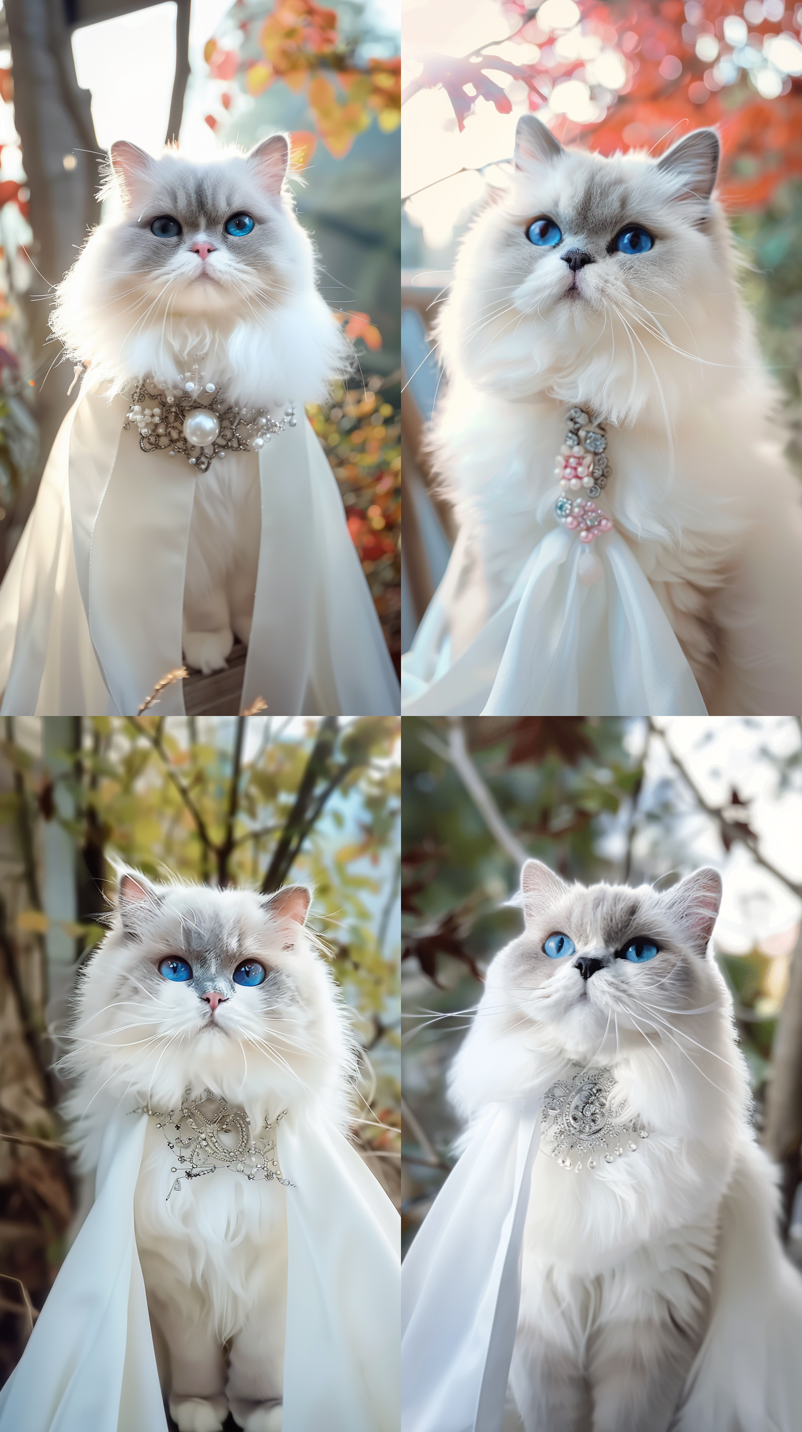 白色布偶猫，蓝眼灵魂，优雅高贵，花园中，柔和光线，肖像镜头，注视镜头，温暖色调，静谧神秘。