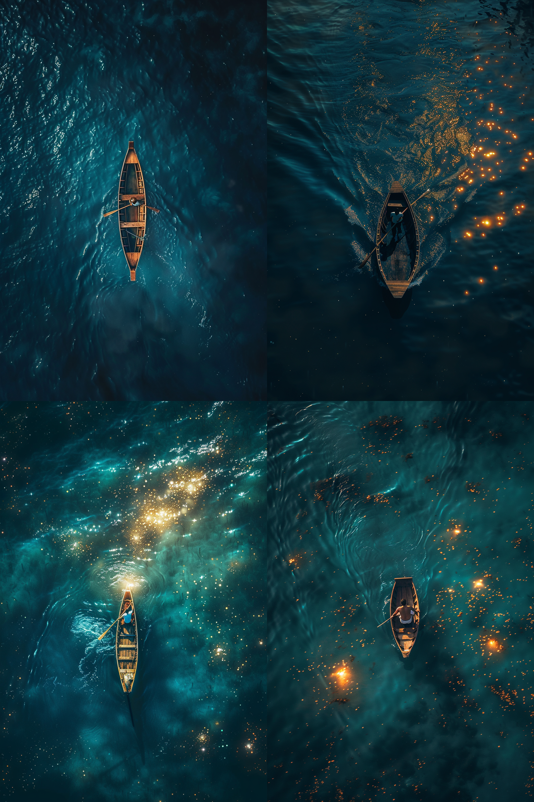 a man in a boat floating in the ocean,night,sparkling on the sea xbeautiful,fantasy scene, top view