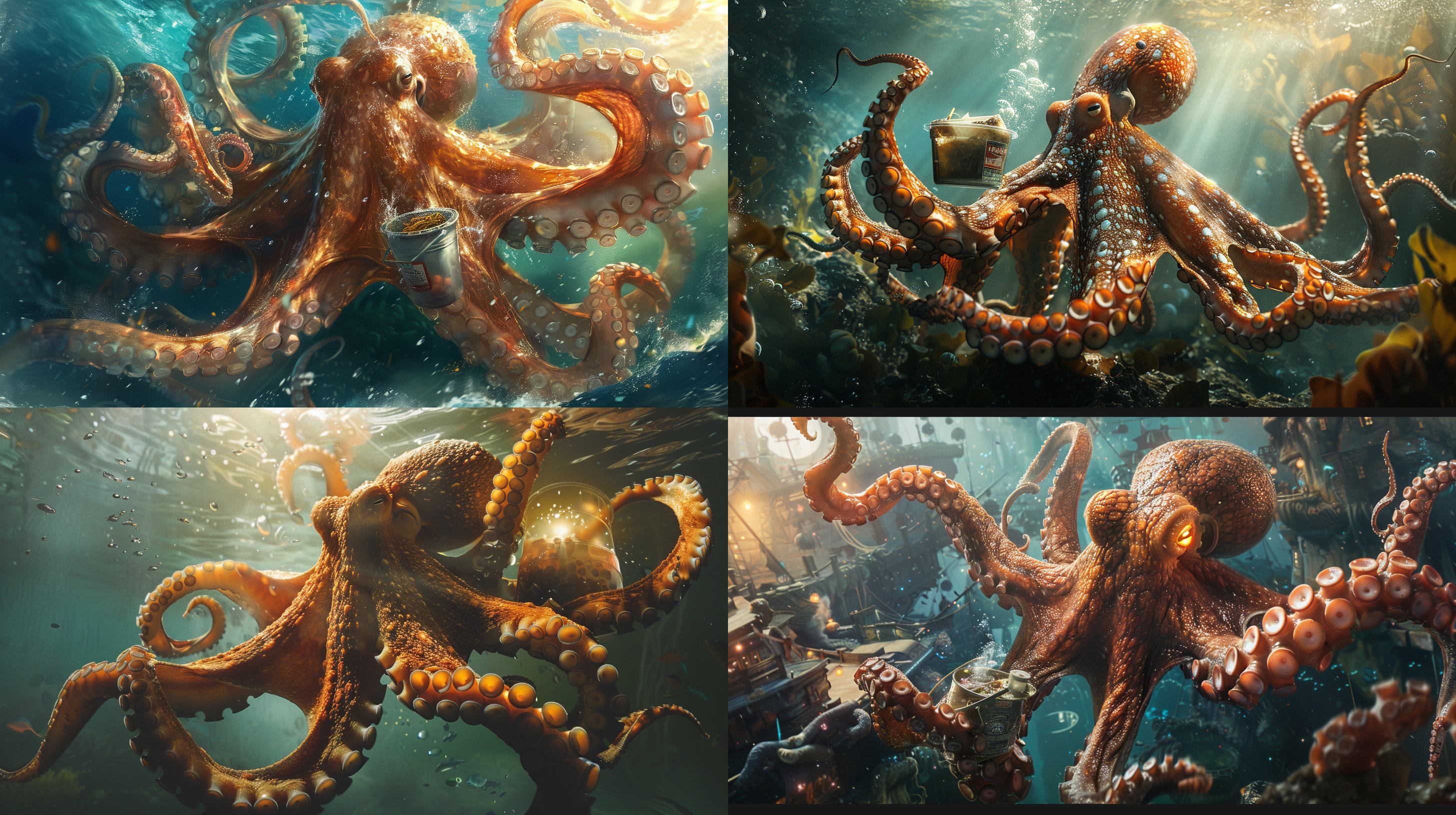 大海里一只巨大的章鱼，章鱼身上发着光手里拿着一桶方便面，拟人化，广角镜头，奇妙的光线