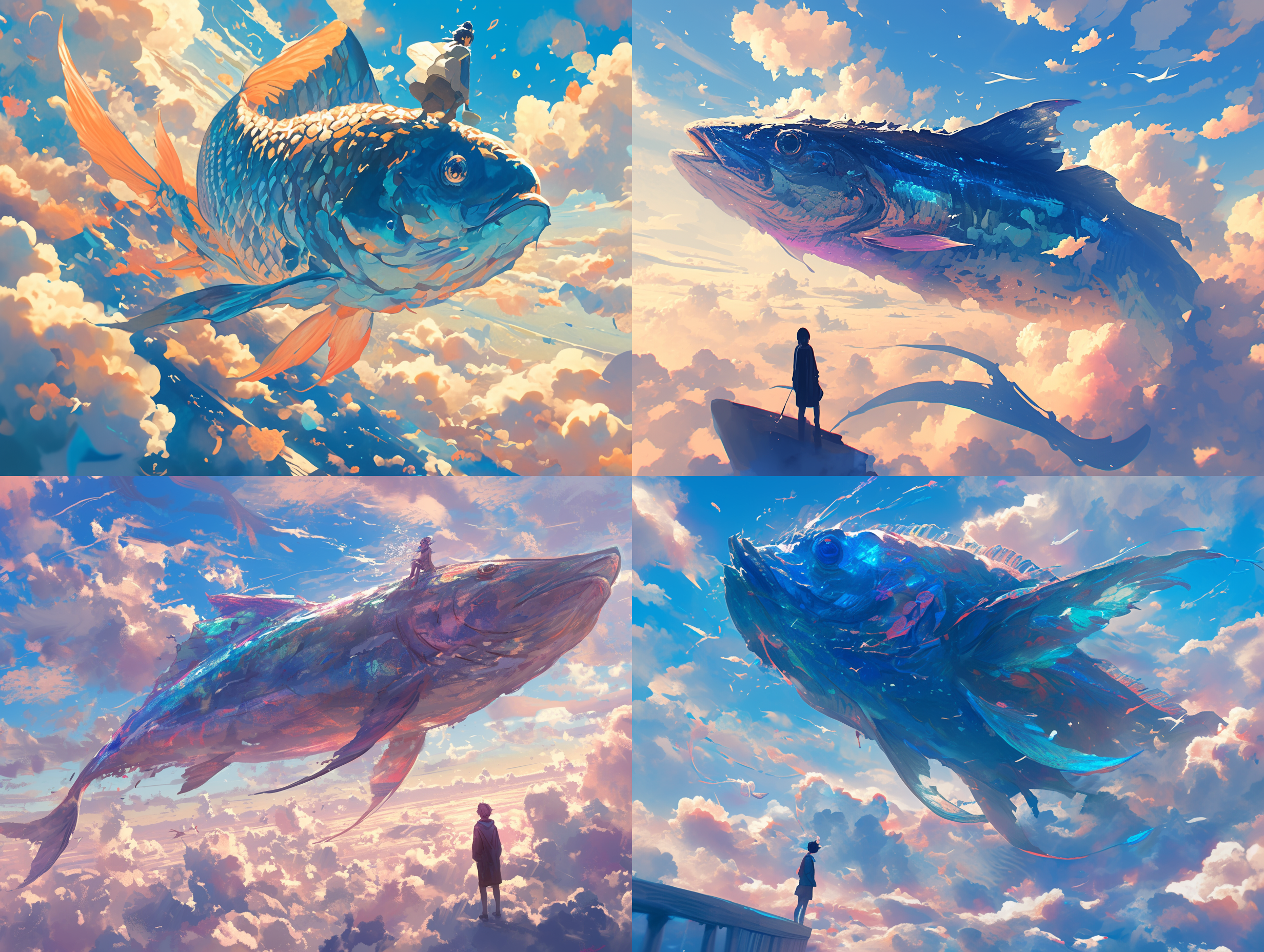 巨大鱼穿云，人坐鱼头，远距离广角拍摄，魔幻，云层环境，色彩鲜艳，梦幻光影，飘逸动作，神秘情感。