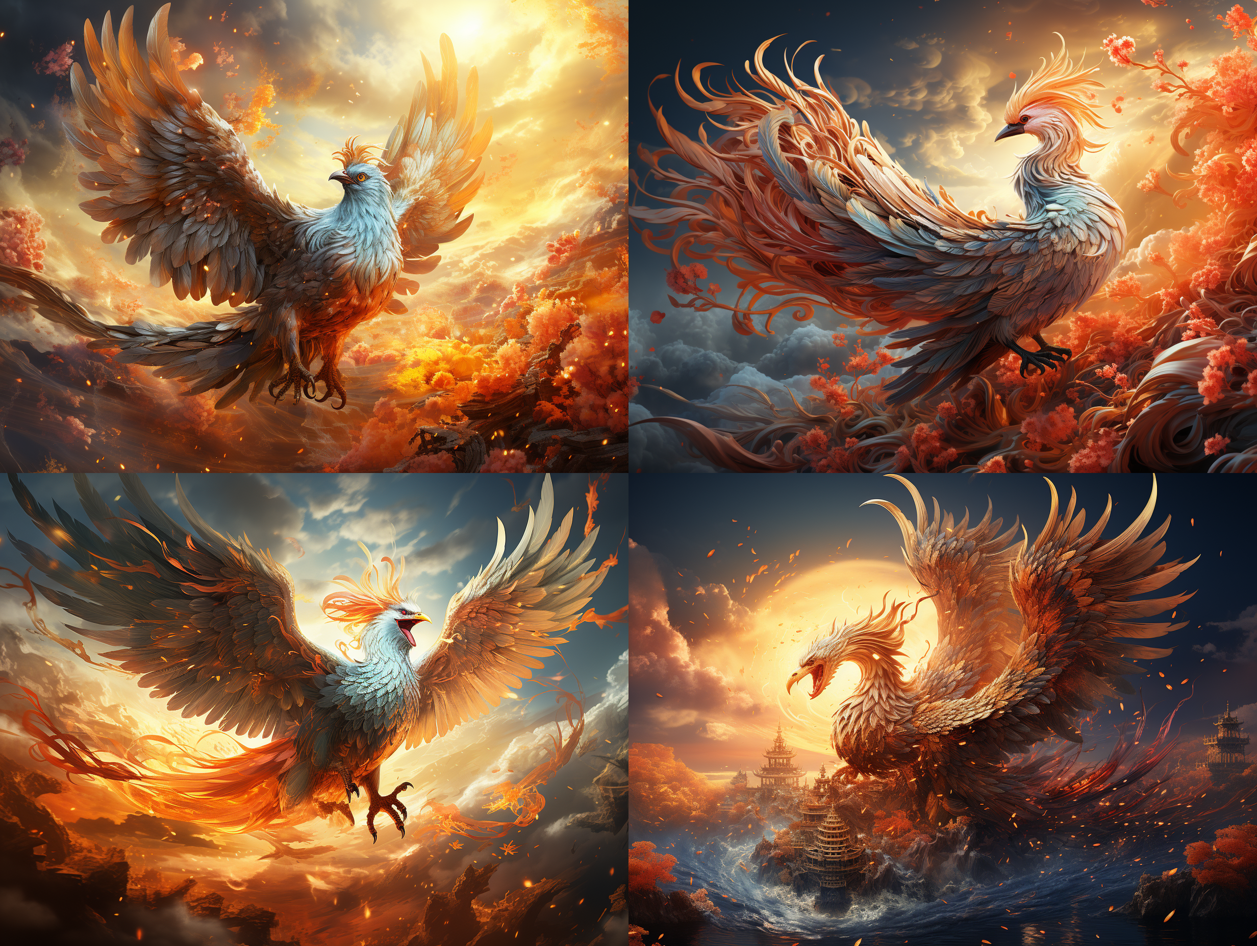 一只翱翔天空的火凤凰，祥云，夸张角度，全景广角，长焦距拍摄，中国风国画风格，梦幻，神秘，3d渲染，c4d效果，画面细腻，细节精致，高清，8k