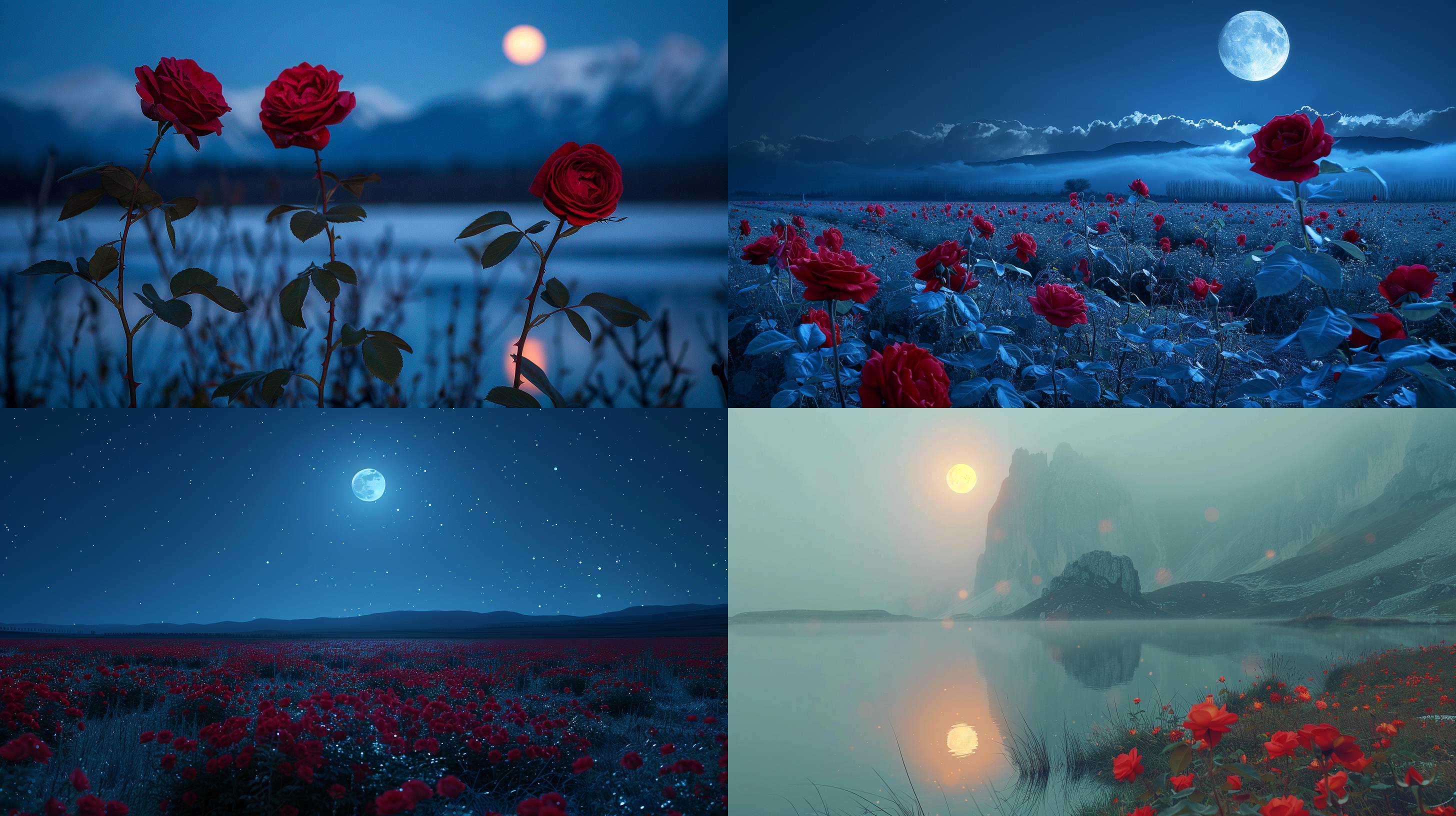 玫瑰花田，湖泊，山峰，夜晚，圆月，高清彩色摄影，大景深，远景，自然光，静态，浪漫，宁静。