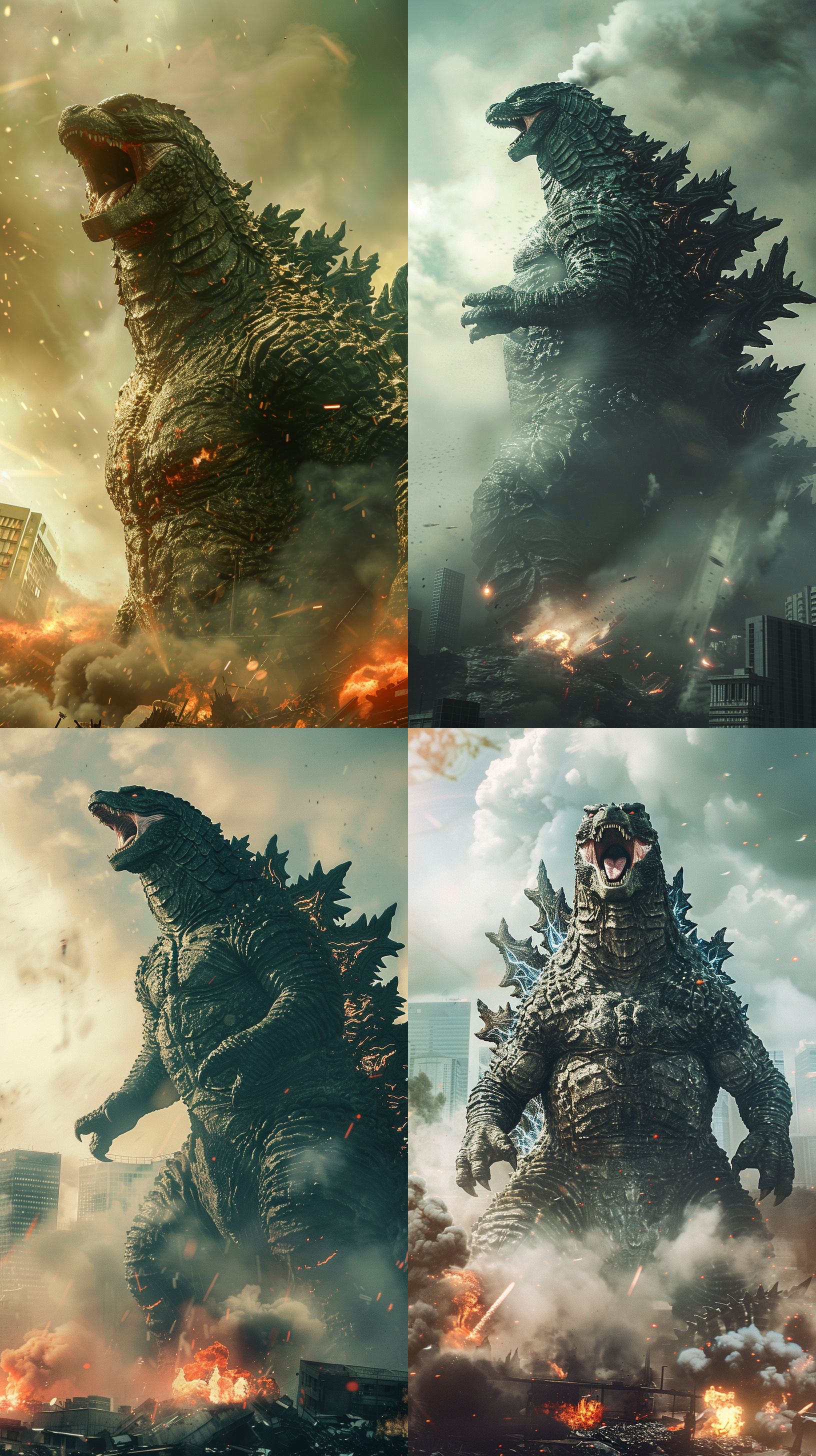 a huge godzilla, dark green, opening its mouth and roaring, its skin is in a burning state, lava-like texture, with white smoke coming out of its body, godzilla stands above the city, with smoke and dust under its feet, next to ruins and shattered buildings, realistic style, photography, hd quality, pixel-perfect, 8k, ray tracing 3d art, depth of field, surrealism, oc rendering, complex details, photorealistic, photo taken with canon eos r5, trending on adobe stock