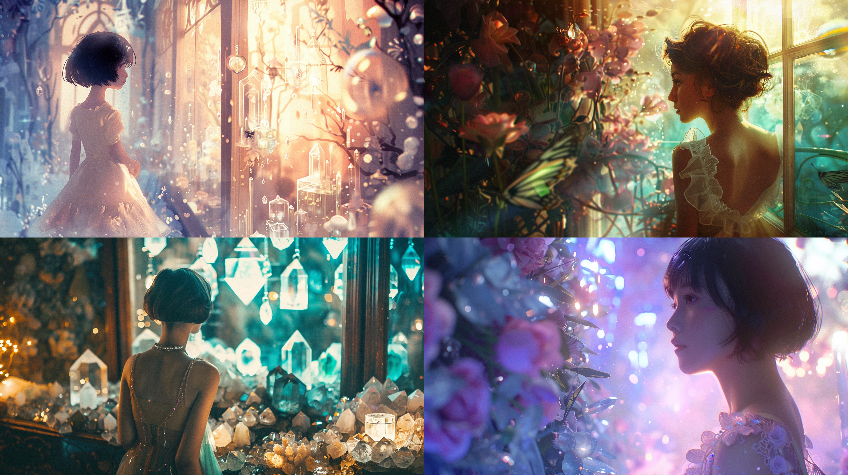 短发女孩凝视水晶橱窗，梦幻童话世界，高贵装扮，暖色调，宽景镜头，侧光，柔和光线，透视效果，梦幻色彩，温馨情感。 对角线构图 皮克斯 梦境 全身 梦幻灯光 海底
